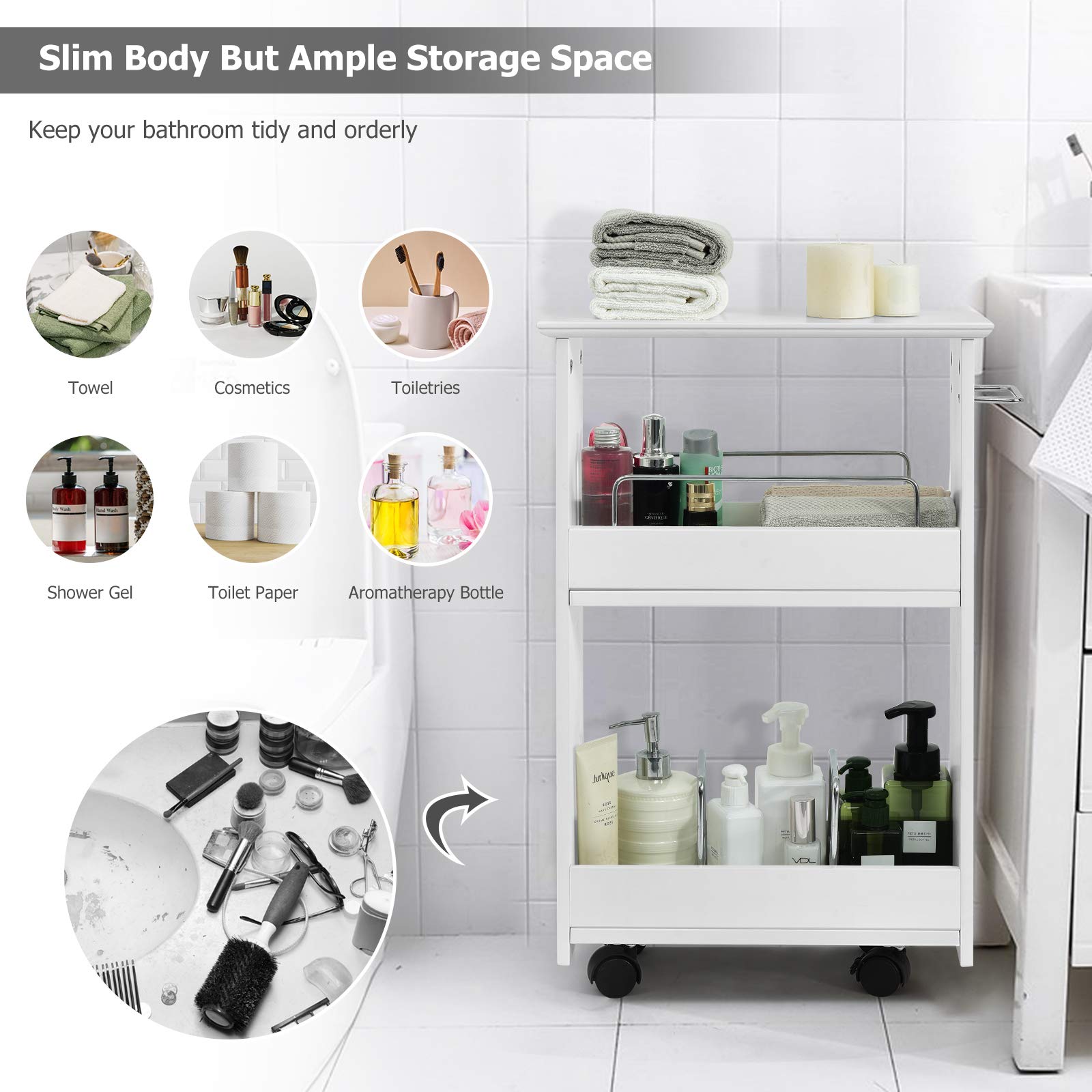 GOFLAME Slim Bathroom Storage Cart - Wooden Organizer Shelf with Towel Bar, Side Handle & Rolling Casters for Bathroom, Laundry Room, Kitchen - Perfect for Small Space Organization & Home Decor