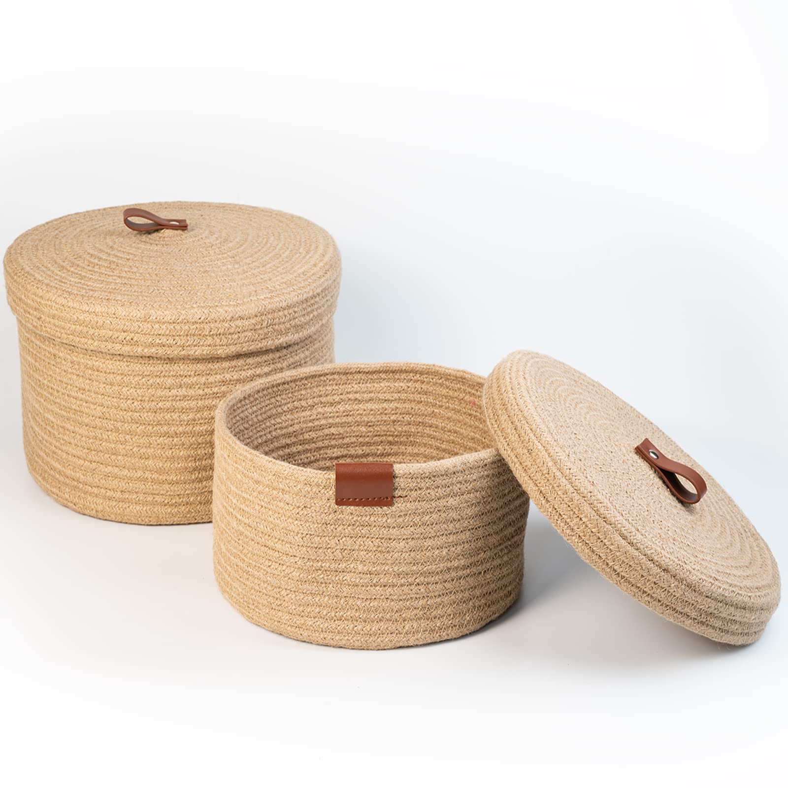 Natural Jute Rope Woven Storage Baskets with Lids & Genuine Leather Handles - Set of 2 (Large & Small) for Home Organization | Decorative Storage Bins for Bedroom, Bathroom & Living Room Clutter Control