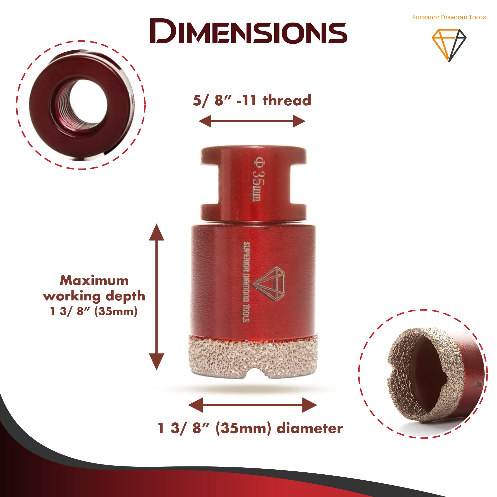 1 3/8 Inch Vacuum Brazed Diamond Core Drill Bit - Professional Hole Saw for Marble, Porcelain, Ceramic, Travertine, Limestone & Soft Granite - 5/8-11 Thread - Perfect for Tile Cutting, Stone Drilling & Masonry Work