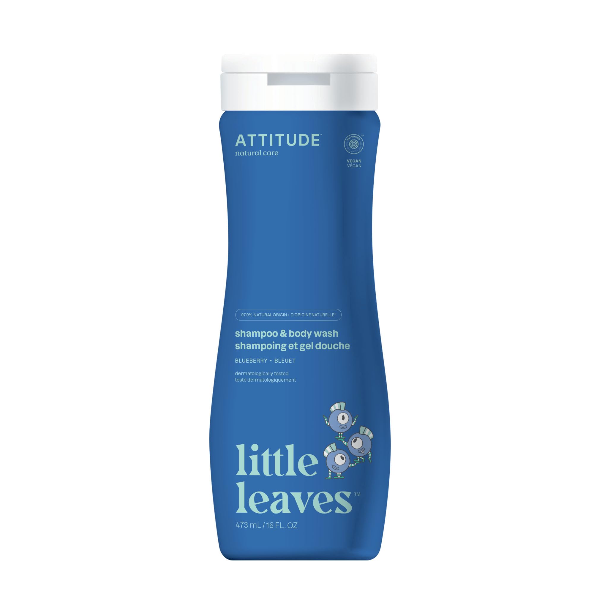 ATTITUDE Kids Shampoo & Body Wash - EWG Verified, Dermatologist Tested | Plant-Based, Vegan Hair & Body Cleanser with Blueberry Scent | 16 Fl Oz | Gentle for Daily Bath Time & Sensitive Skin