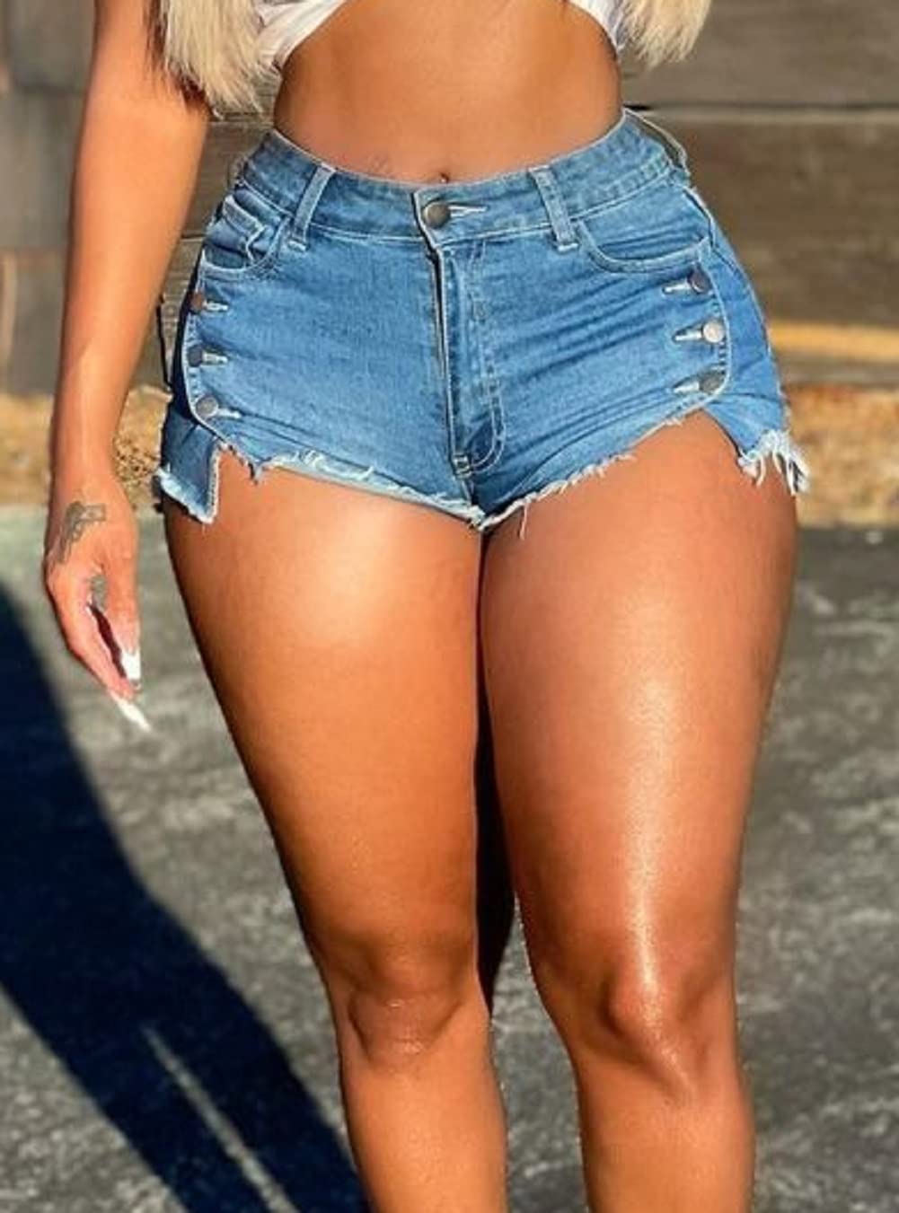 CHARTOU Women's Sexy High Waist Side Button Distressed Denim Shorts with Raw Hem - Perfect for Summer Outfits, Beach Vacations & Casual Street Style