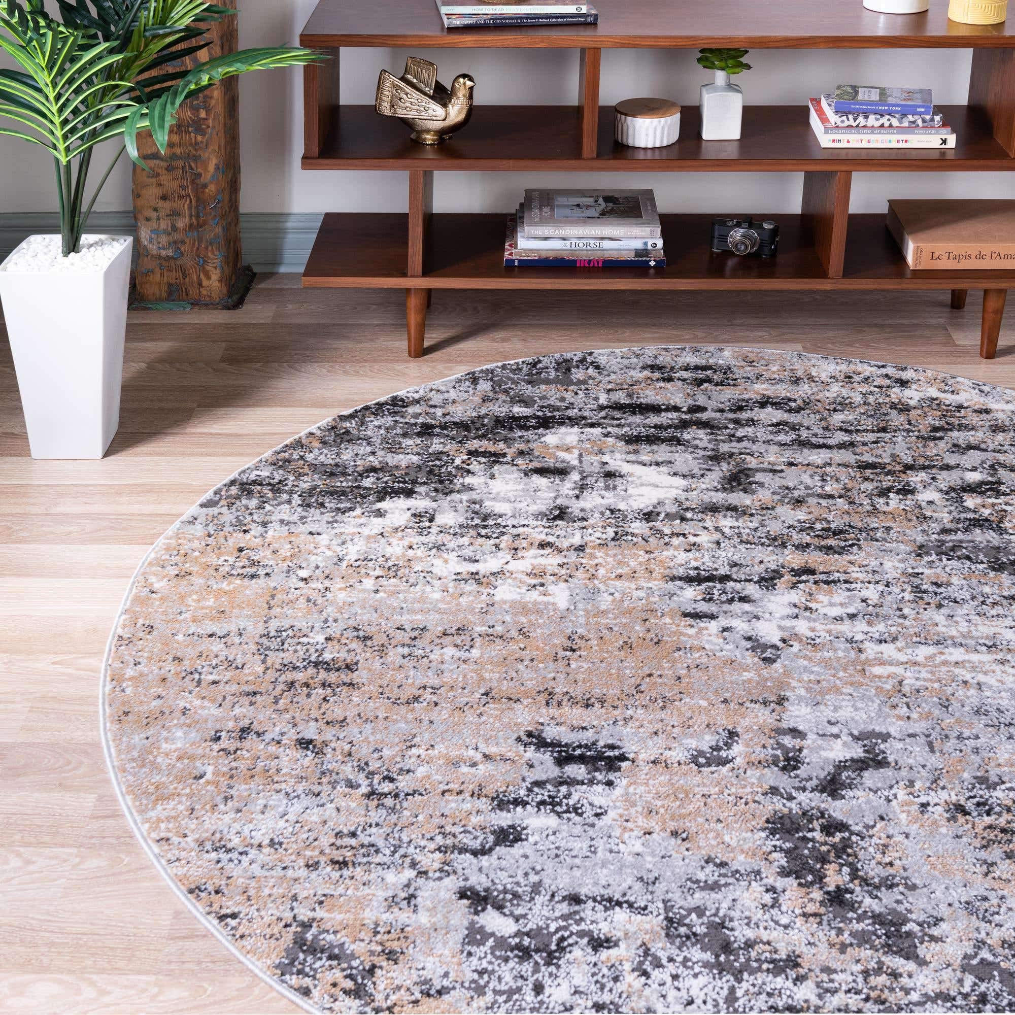 Leipzig Collection 6 Ft Round Beige Low-Pile Rug - Soft Modern Area Rug for Kitchen, Dining Room & Living Room - Easy Clean Non-Shedding Carpet for High Traffic Areas