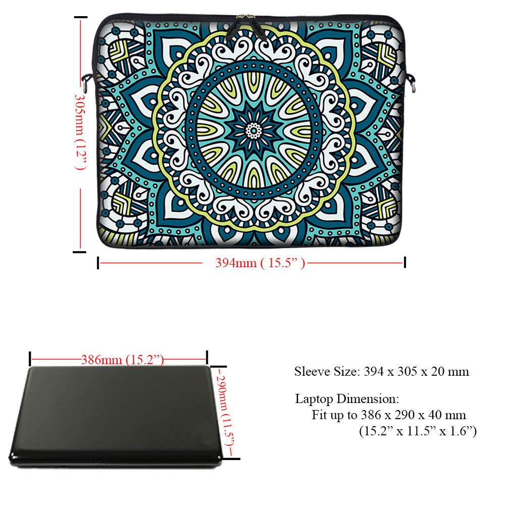 Meffort 15-15.6 Inch Neoprene Laptop Sleeve Case with Hidden Handle & Adjustable Shoulder Strap - Mandala Pattern for MacBook, Dell, HP - Perfect for Work, Travel & School