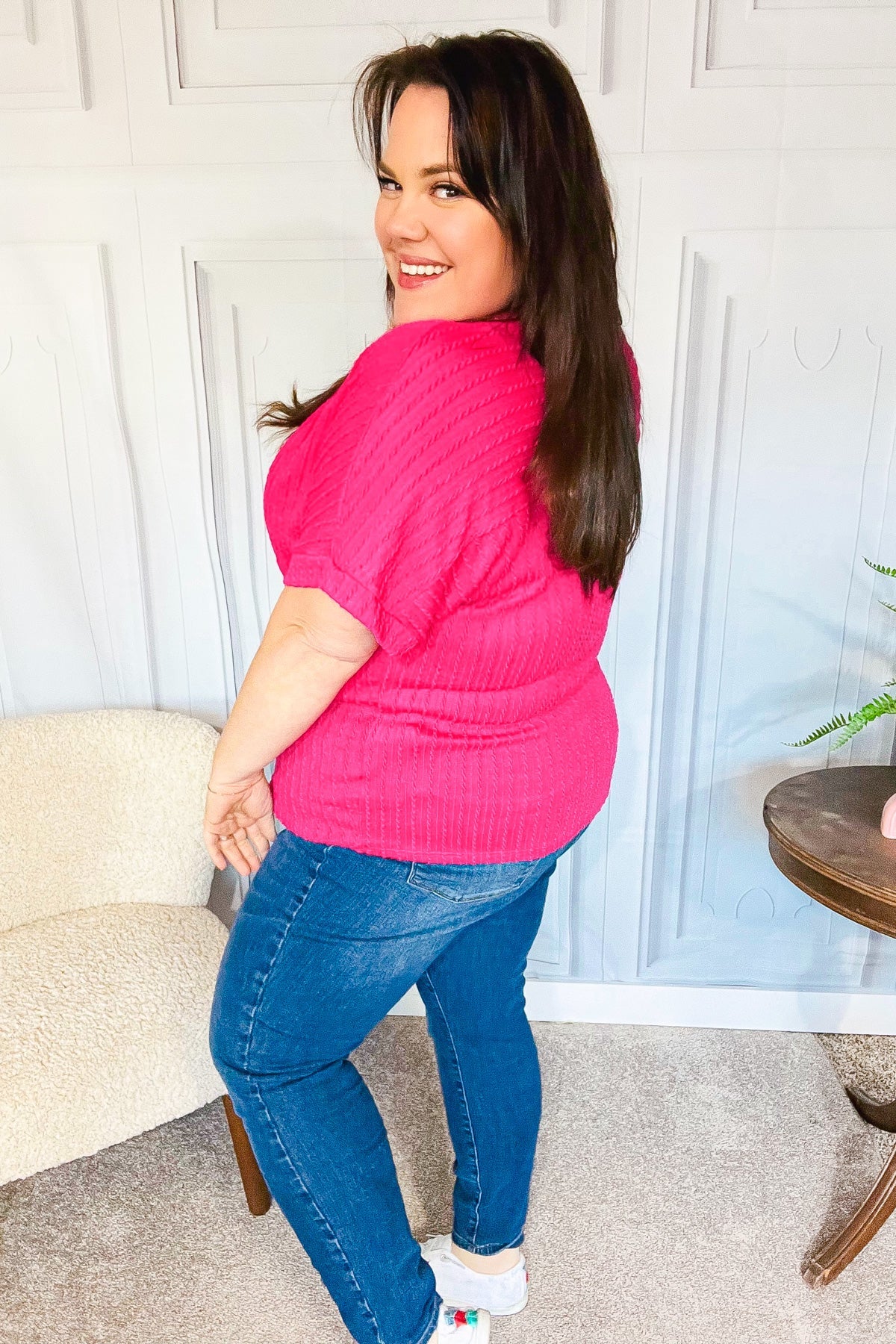 Fuchsia Cable Knit Dolman Short Sleeve Sweater Top for Women - Soft Comfortable Pullover with Haptic Texture - Perfect for Casual Outings, Office Wear & Fall Layering