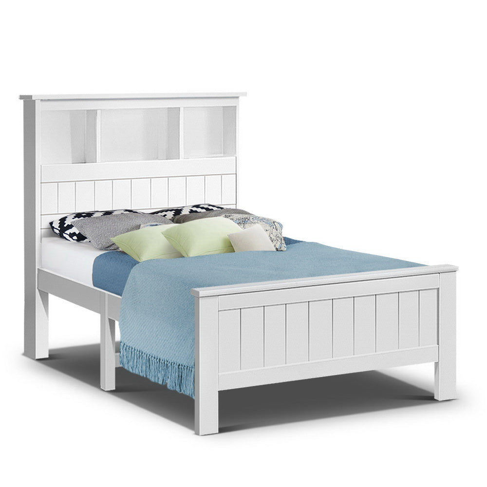 Kids Conqueror Wooden Timber King Single Bed Frame with Built-in Shelves - White | Space-Saving Storage Solution for Children's Bedroom & Playroom