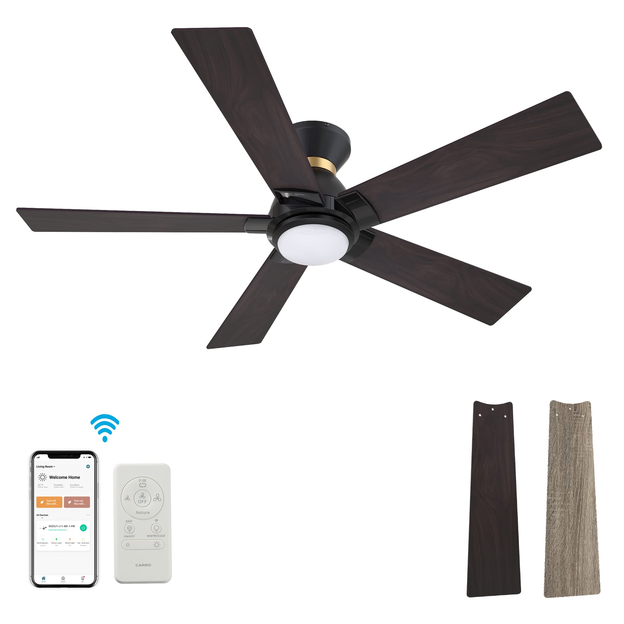 52 Inch Smart WiFi Ceiling Fan with Remote & App Control - Indoor/Outdoor, Alexa/Google Assistant/Siri Compatible, Timer & Scheduling - Perfect for Living Room, Bedroom, Patio (Black/Brown)