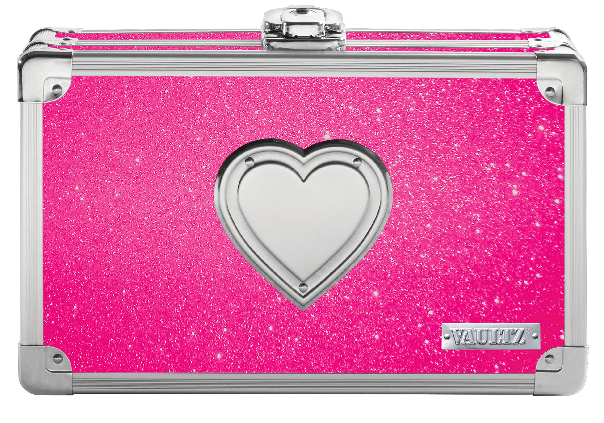 Vaultz Small Lock Box - 8.5 x 5 x 2.5 Inch Mini Safe with Key Lock for School Supplies, Money, Medicine & Valuables - Pink Bling with Heart Design - Perfect for Home, Office, Dorm & Travel Security