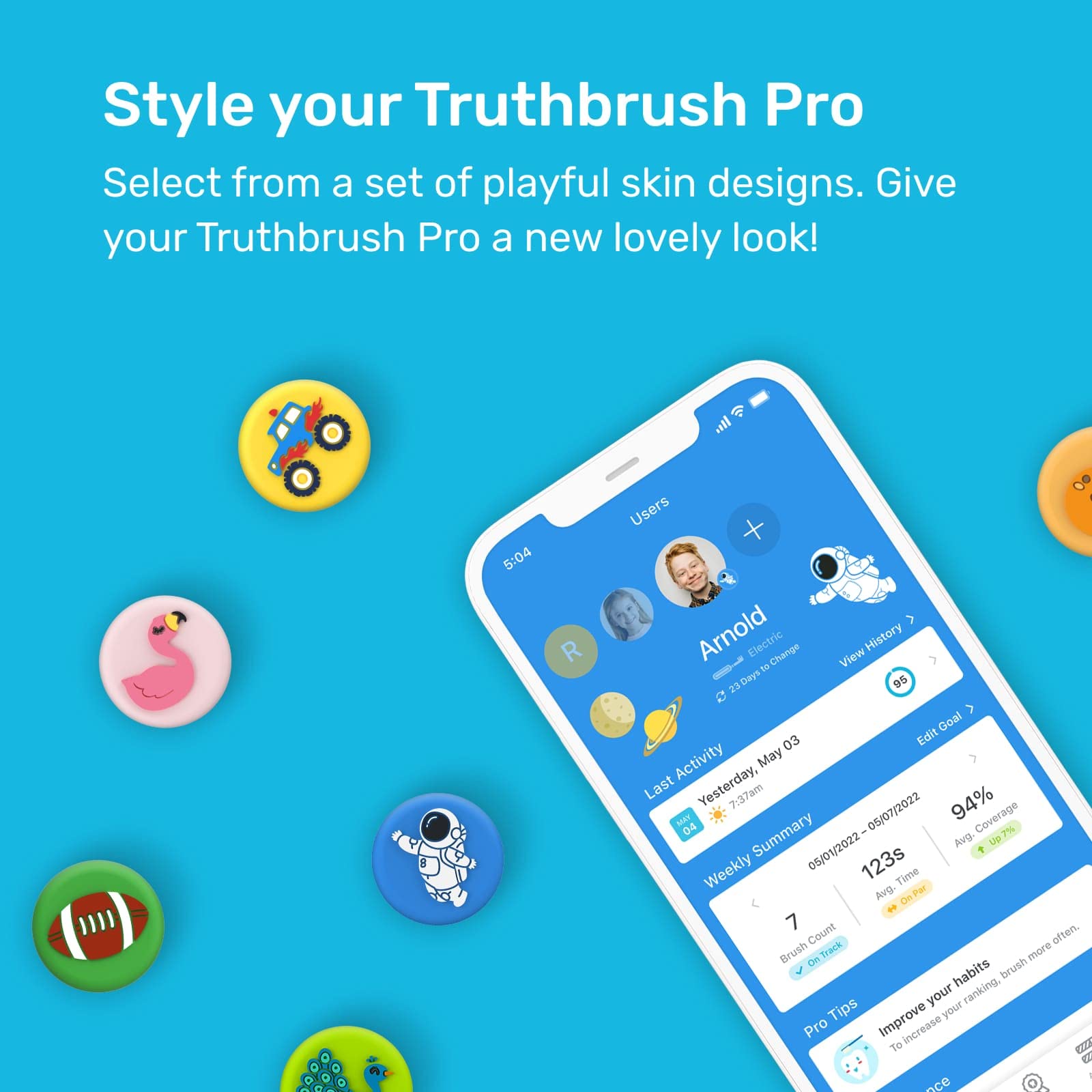 Truthbrush PRO Tracker Hub Skin Bundle with Replaceable Battery - 2 Minute Beeper Timer for Teeth Brushing Tracking - Smart App for Android & iOS (3 Trackers + 1 Hub, White) - Perfect for Family Oral Care & Dental Hygiene Routine