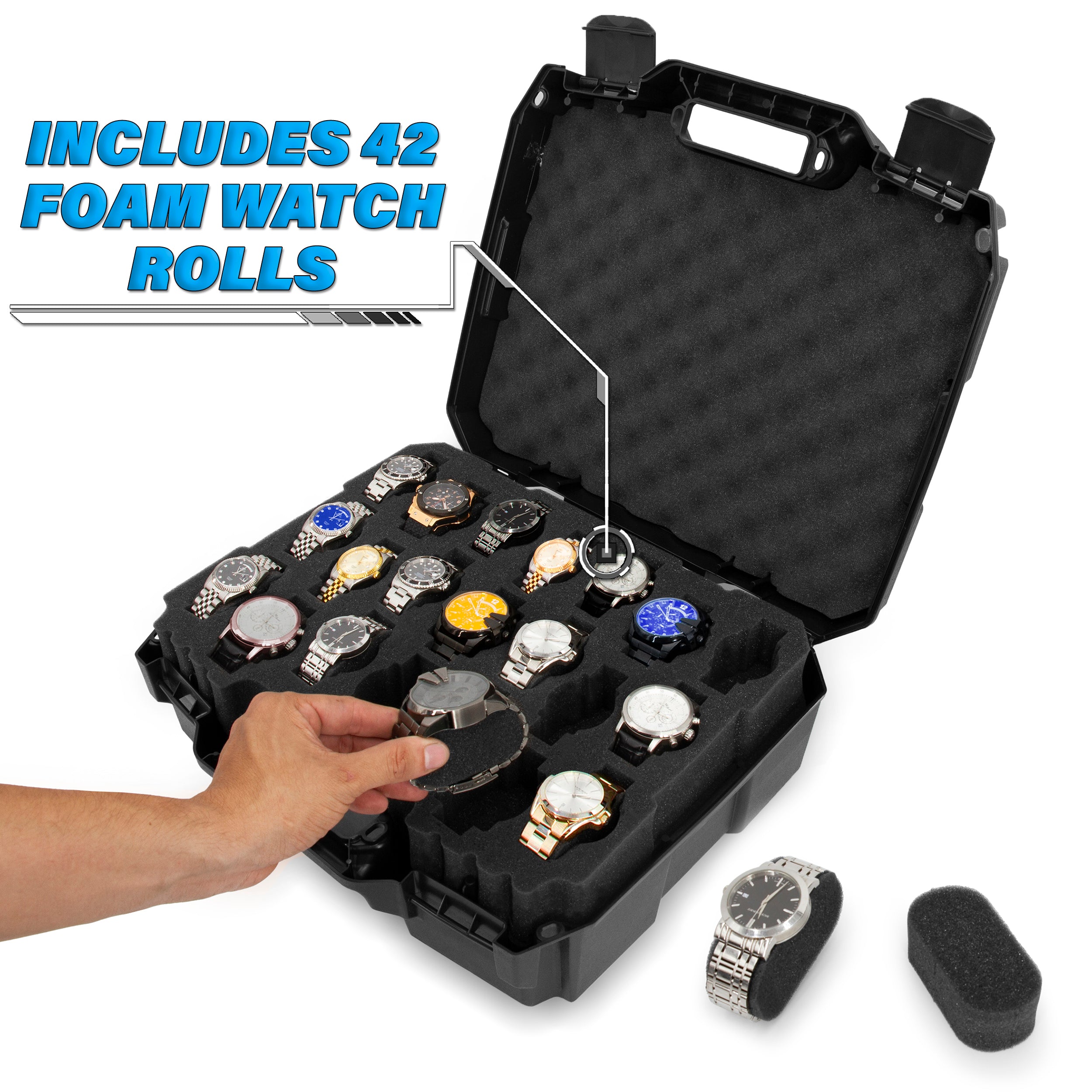 CASEMATIX Hard Shell Watch Travel Case with 42 Slots - Premium Watch Roll Holder for 24mm to 56mm Watch Faces - Durable Watch Storage Box with Custom Foam Interior - Perfect for Travel, Collection Display & Luxury Watch Protection