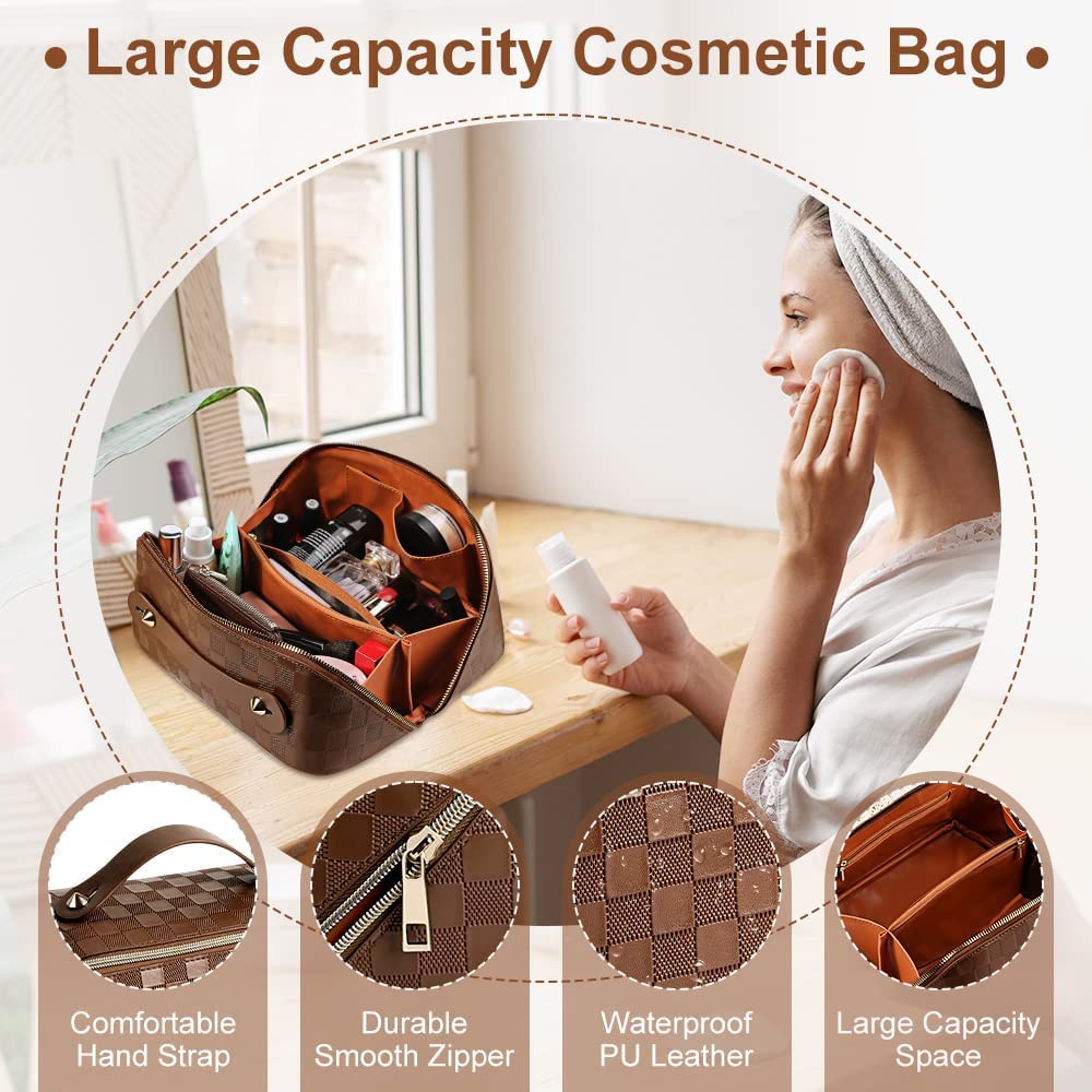 Large Capacity Travel Cosmetic Bag for Women - Waterproof PU Leather Makeup Organizer with Handle & Divider, Flat Big Skincare Storage Case (F-Brown) | Perfect for Air Travel, Gym, Daily Essentials & Beauty Products Organization