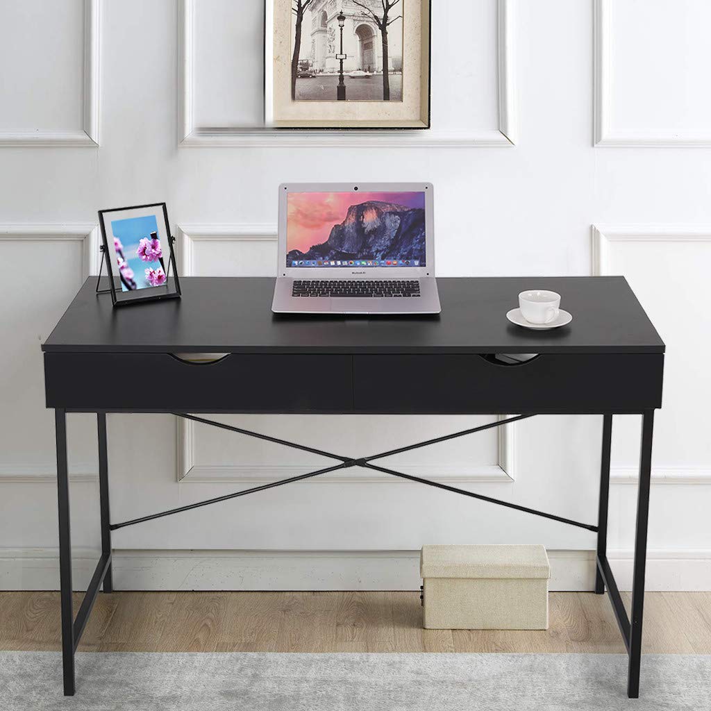 Modern Black Writing Desk with Drawers - Compact Office & Bedroom Workspace