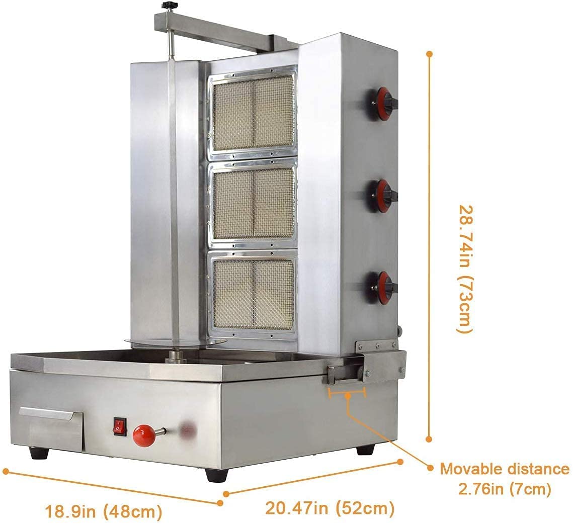 3 Burner Shawarma Machine - Automatic Rotating Kebab Grill for Gyro, Chicken & Meat - Propane Roaster for Restaurants, Kitchens & Outdoor Cooking