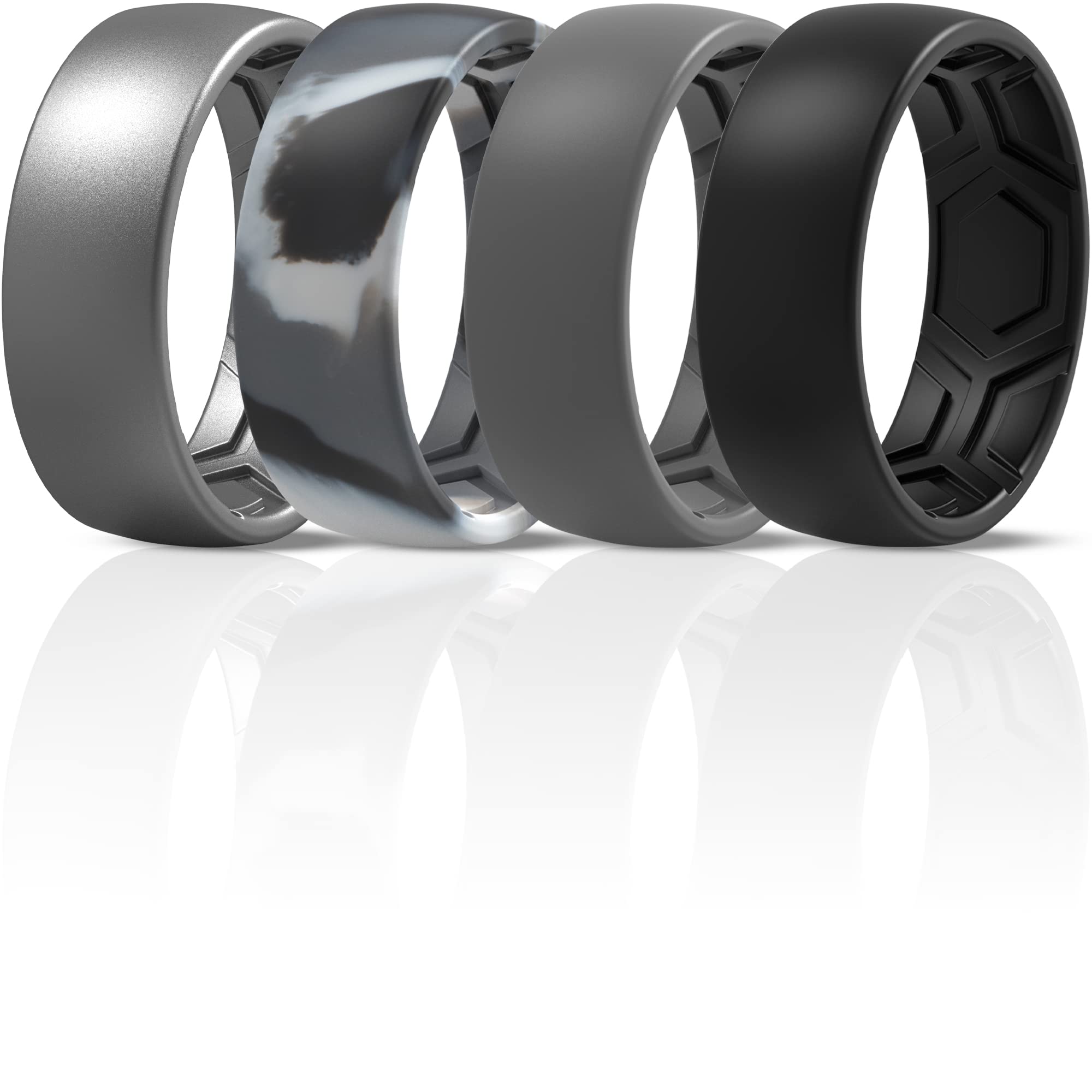 ThunderFit Silicone Wedding Rings for Men - 8mm Wide 2.5mm Thick Comfortable Breathable Patterned Design - 1/4/7 Pack Options - Perfect for Gym, Swimming, Travel & Outdoor Activities