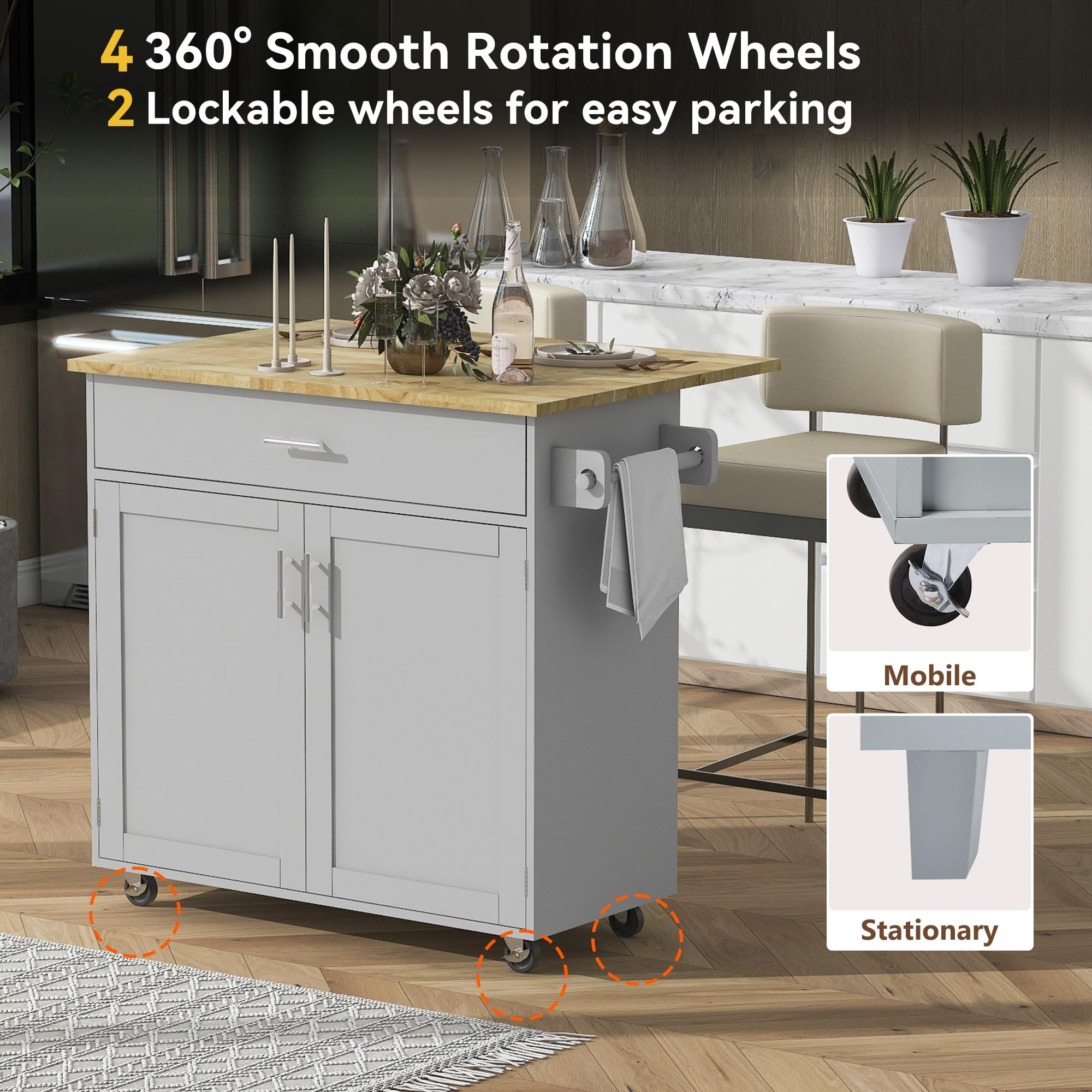 Merax 39-Inch Rolling Kitchen Cart Island with Rubber Wood Top, Spacious Drawer with Divider & Storage Rack - Mobile Kitchen Organizer for Small Spaces, Dining Room or Apartment - Grey