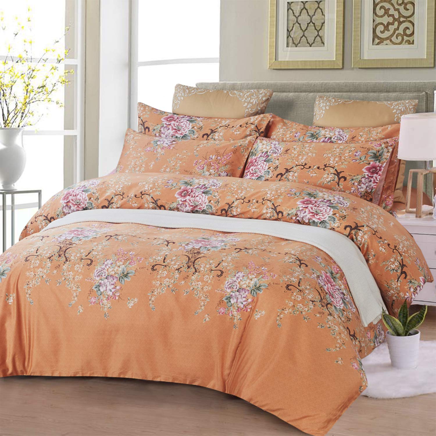 Softta Shabby Chic Floral Farmhouse Bedding Set - 3 Piece Full Size Duvet Cover with Pillowcases - 100% Egyptian Satin Cotton in Coral Orange - Perfect for Farmhouse, Cottage & Boho Bedroom Decor