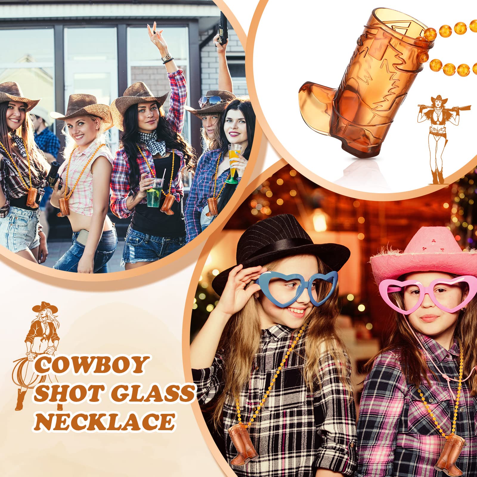 48 Pcs Plastic Cowgirl Shot Glass Necklace - Beaded Boot Shooter Cups for Bachelorette Parties, Weddings & Carnival Events - Fun Bridal Shower, Birthday & Western Theme Party Supplies (Transparent Brown) - Perfect for Country Bars, Themed Celebrations & Group Drinking Games
