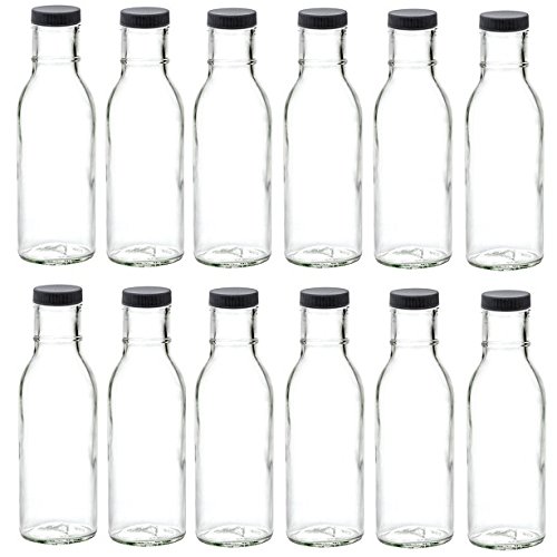 Nakpunar 12-Pack 12 oz (250 ml) Wide Mouth Empty Glass Bottles with Black Plastic Lids - Ideal for Storing Oil, Sauces, Milk, Water & Beverages | Perfect for Kitchen, DIY Projects, Home Brewing & Gift Packaging