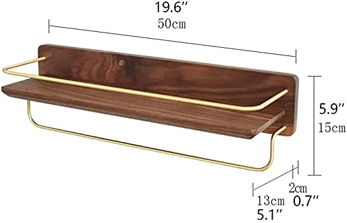 Black Walnut Towel Bar with Brass Double Bar - Wall Mounted Bathroom Towel Rack & Storage Shelf | Space Saving Hanger for Small Bathrooms & Spa Style Decor