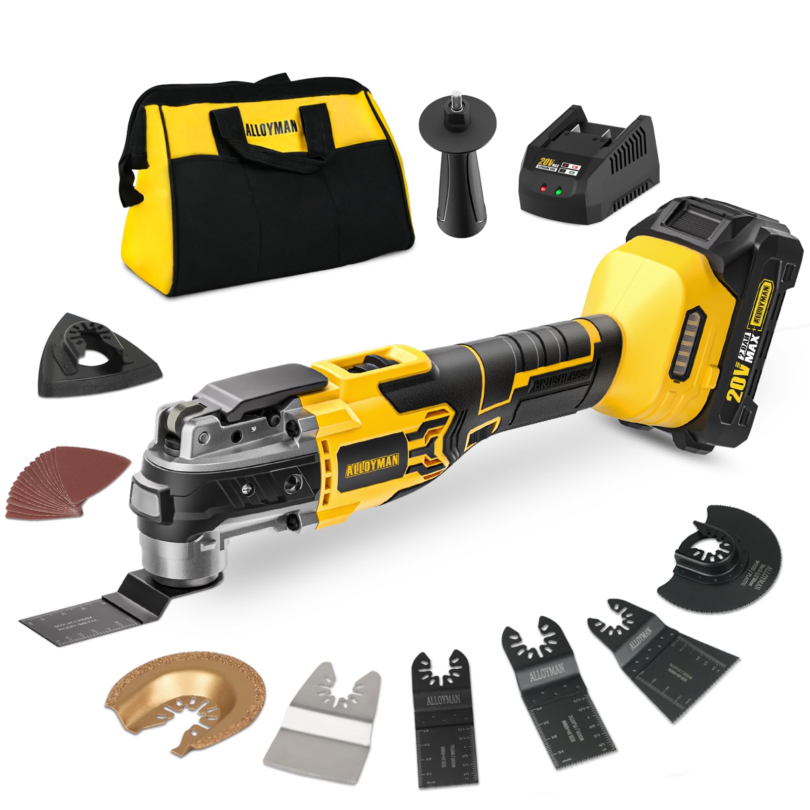 Alloyman 20V Cordless Brushless Oscillating Multi-Tool with 19000OPM, 3° Oscillating Angle, 6 Variable Speeds & Quick Change - Includes 24-Piece Accessory Kit (Saw Blades, Sanding Pads) for Cutting, Grinding, Sanding - Perfect for DIY Projects, Home Renovation & Woodworking