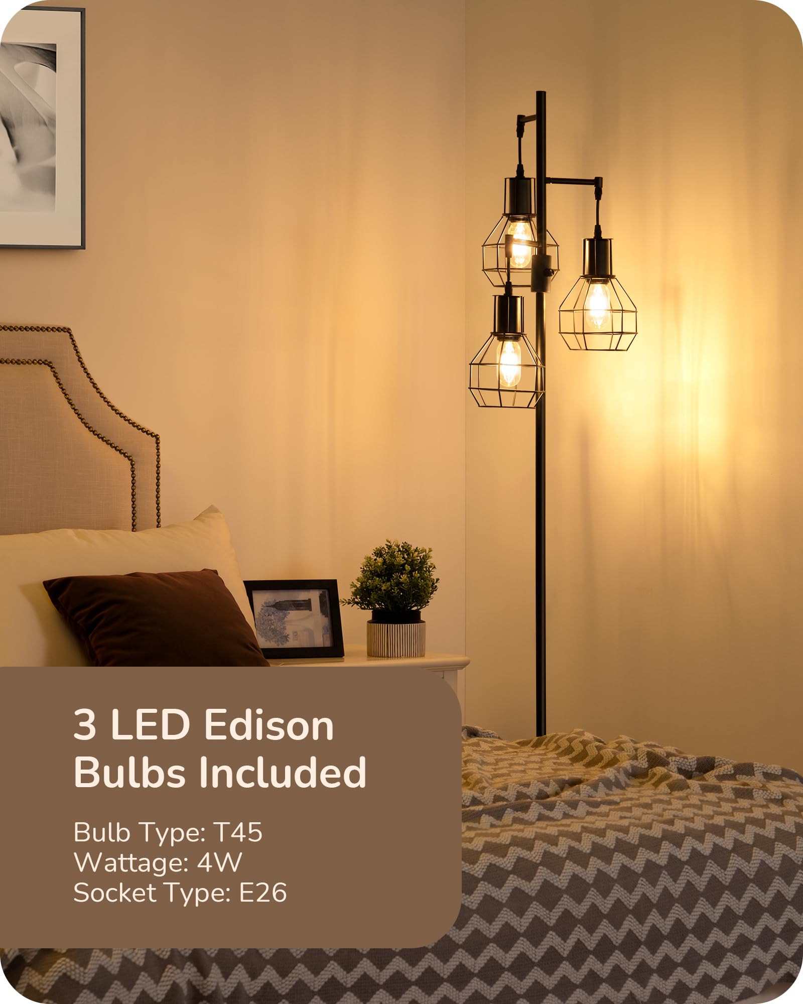 Dimmable Farmhouse Floor Lamp with 3 LED Edison Bulbs - Industrial Standing Lamp for Living Room, Bedroom & Office - Rustic Tall Tree Reading Lamp in Black - Perfect for Cozy Corners & Home Decor