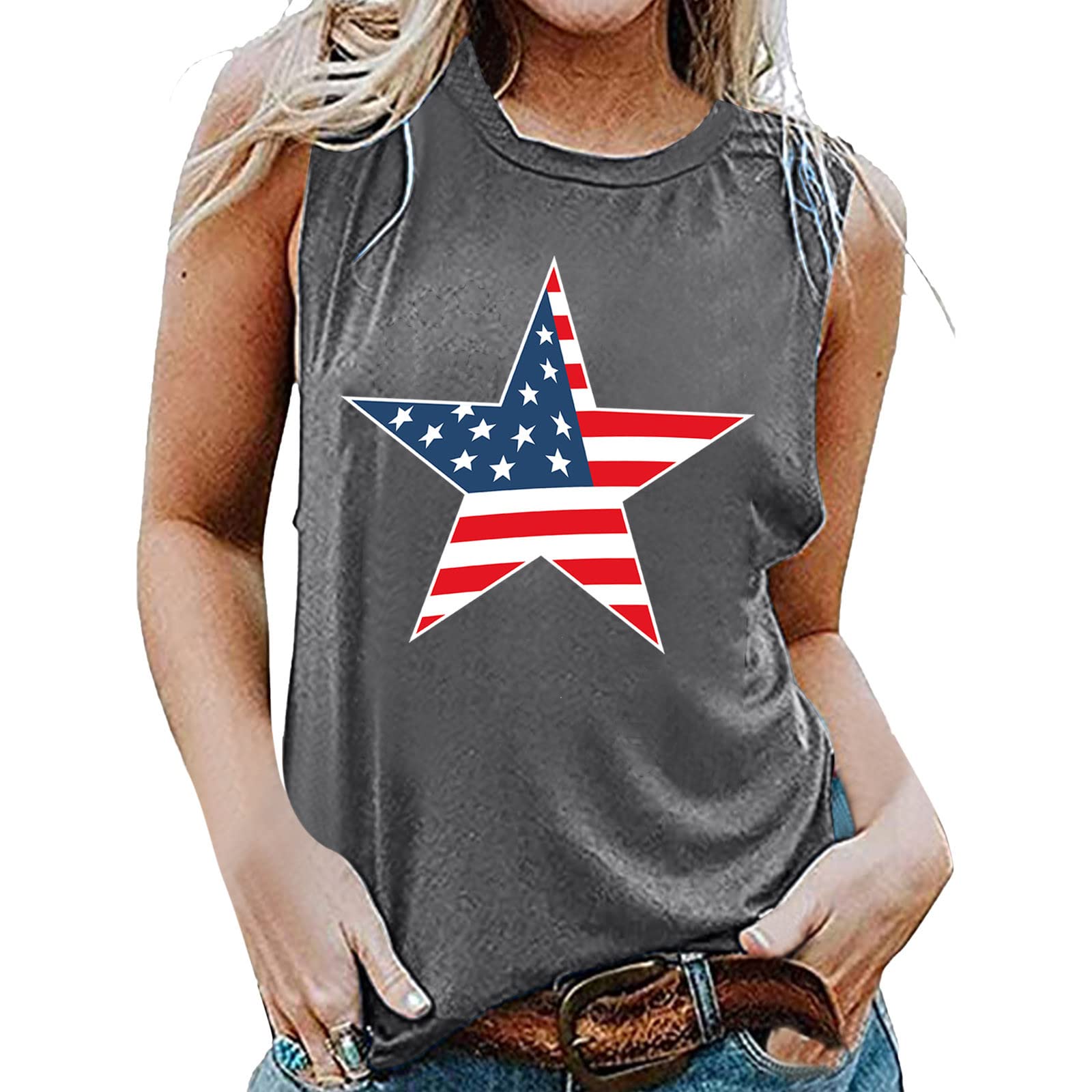 Women's Sleeveless Round Neck Printed Tank Top - Casual Summer Blouse & Activewear for Independence Day | Perfect for Beach Outings, Picnics, and Patriotic Celebrations