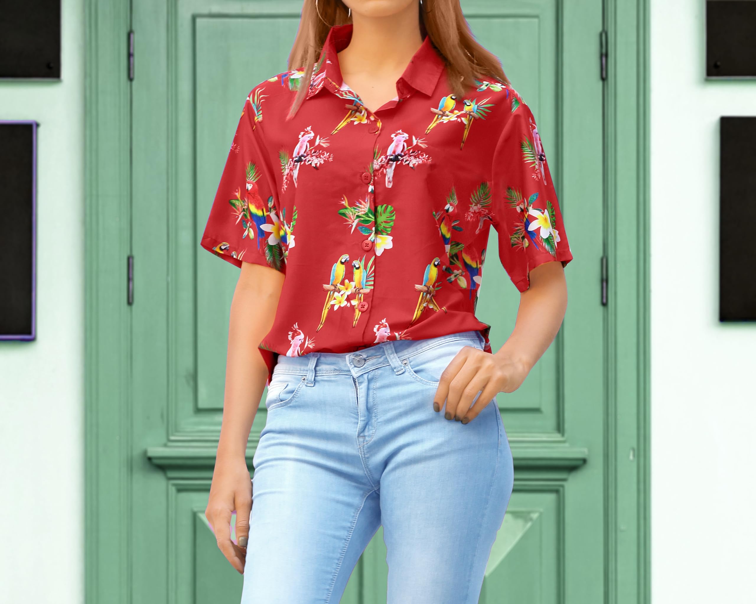 LA LEELA Women's Short Sleeve Hawaiian Shirt - Floral Print Vacation Blouse for Beach, Summer & Tropical Outfits