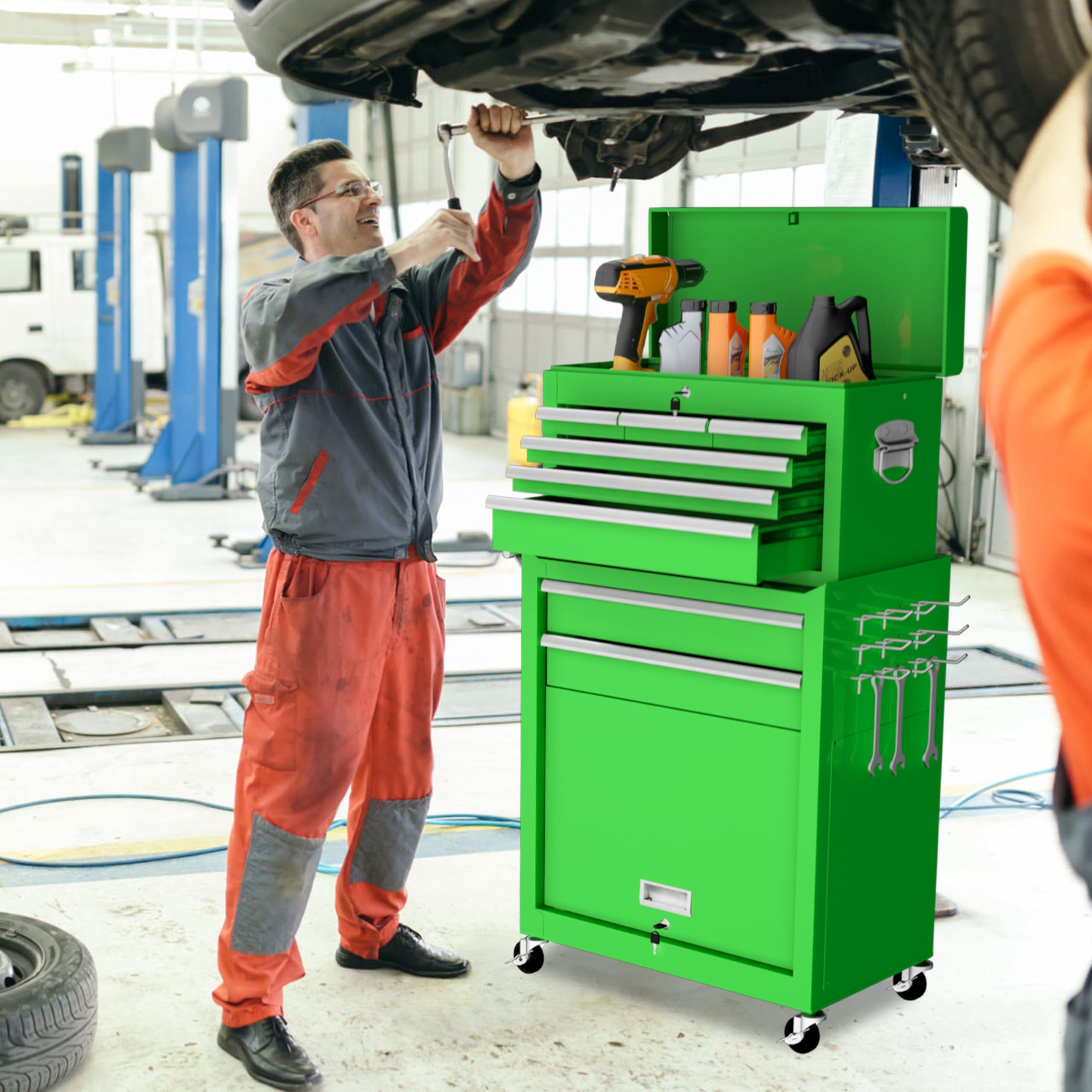 Heavy-Duty 8-Drawer Rolling Tool Chest with Wheels - Large Metal Tool Box Organizer with Lock for Garage, Workshop & Warehouse - Durable Tool Cart for Mechanics & DIY Projects (Green) - Perfect for Automotive Repair, Home Improvement & Professional Workspaces