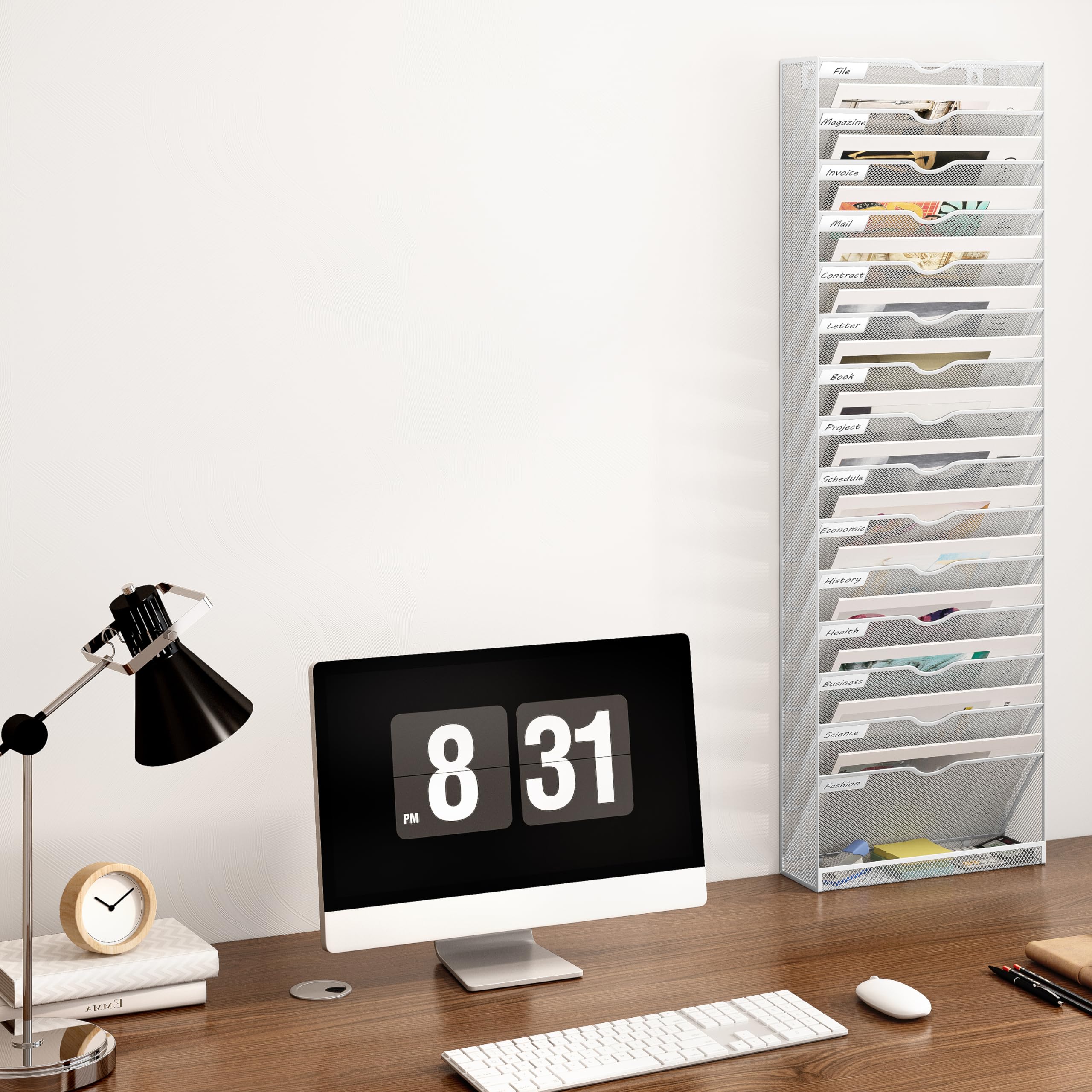 16-Pocket Mesh Wall File Holder - Metal Hanging File Organizer for Office & Home - Wall Mounted Mail Sorter - White Office Organization Solution - Perfect for Bills, Letters, Documents & Home Office Storage
