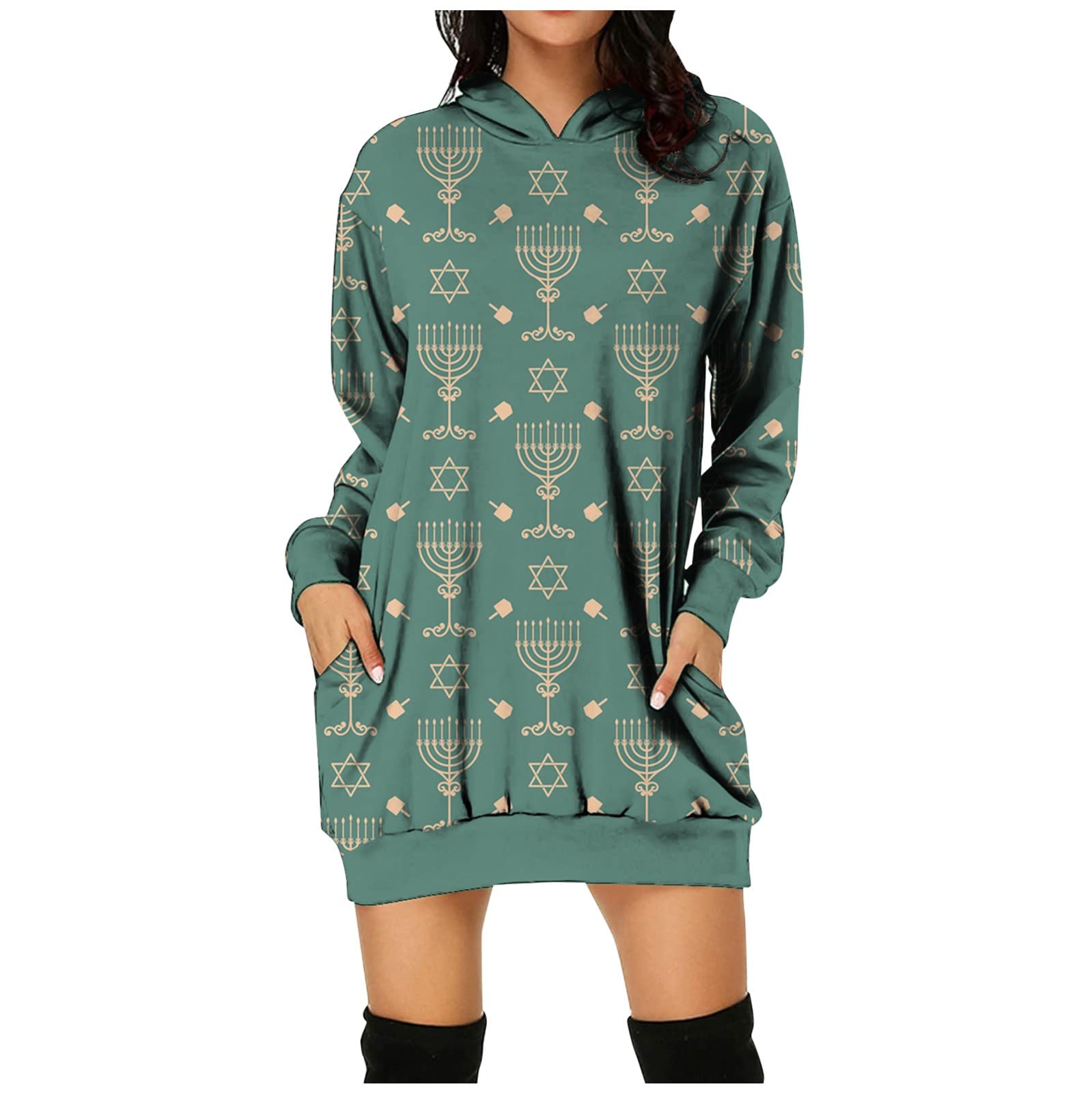 Women's 2022 Fall Printed Pullover Sweatshirt Hoodie Dress - Long Sleeve with Pockets | Casual Loungewear & Streetwear Fashion for Autumn