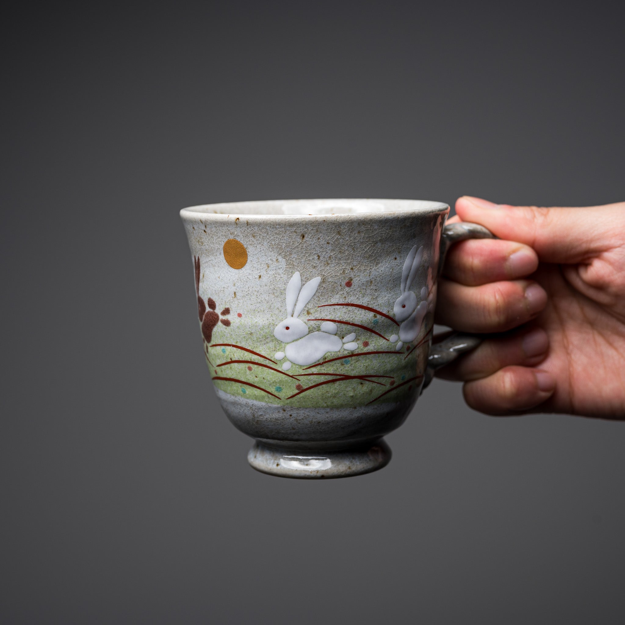 Kutani Ware Ceramic Mug Cup with Jumping Rabbit Design - Handmade Japanese Tea & Coffee Cup for Home, Office, or Gift