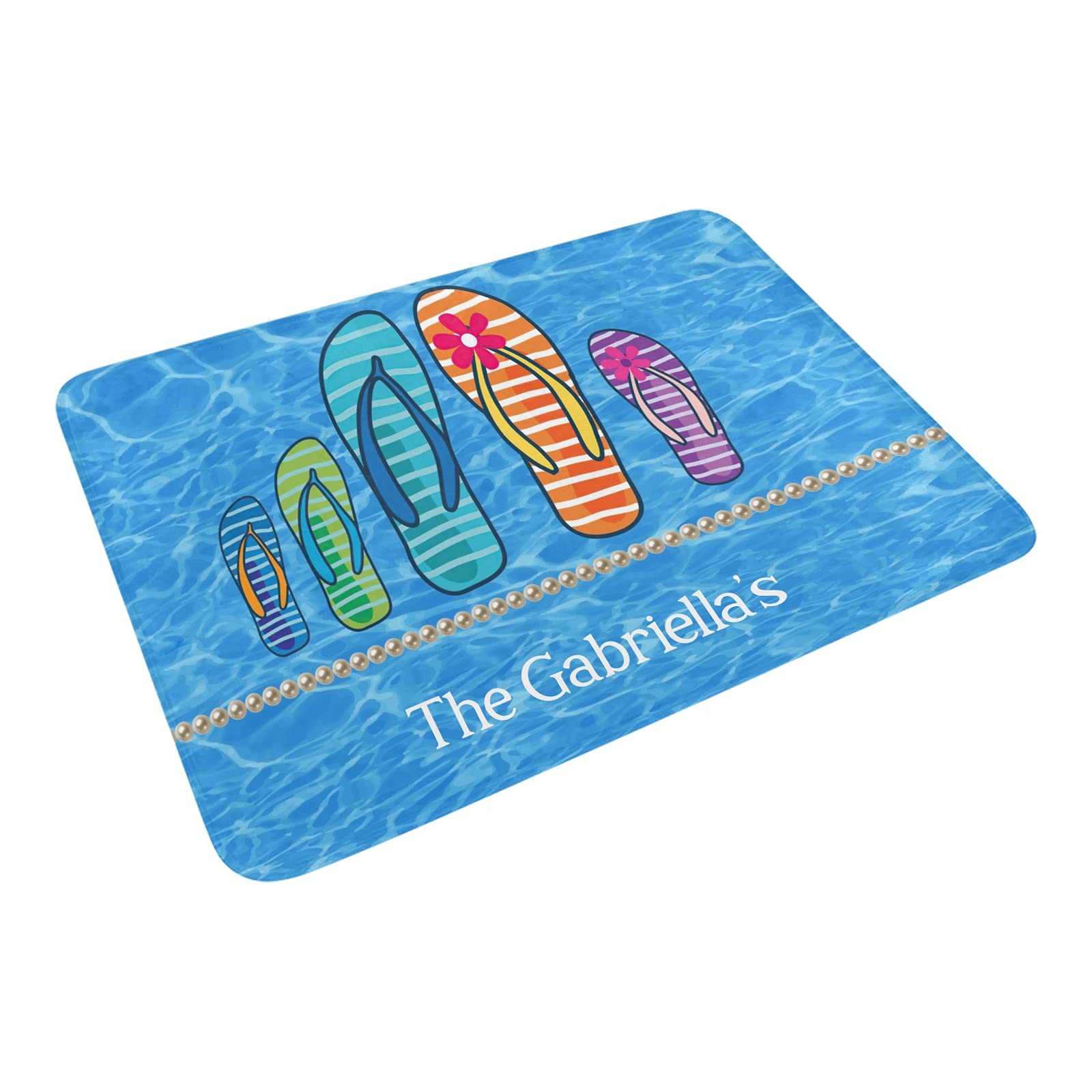 Custom Personalized Family Name Doormat - Blue Water Flip Flop Design, Non-Slip Indoor/Outdoor Entryway Rug 23.6