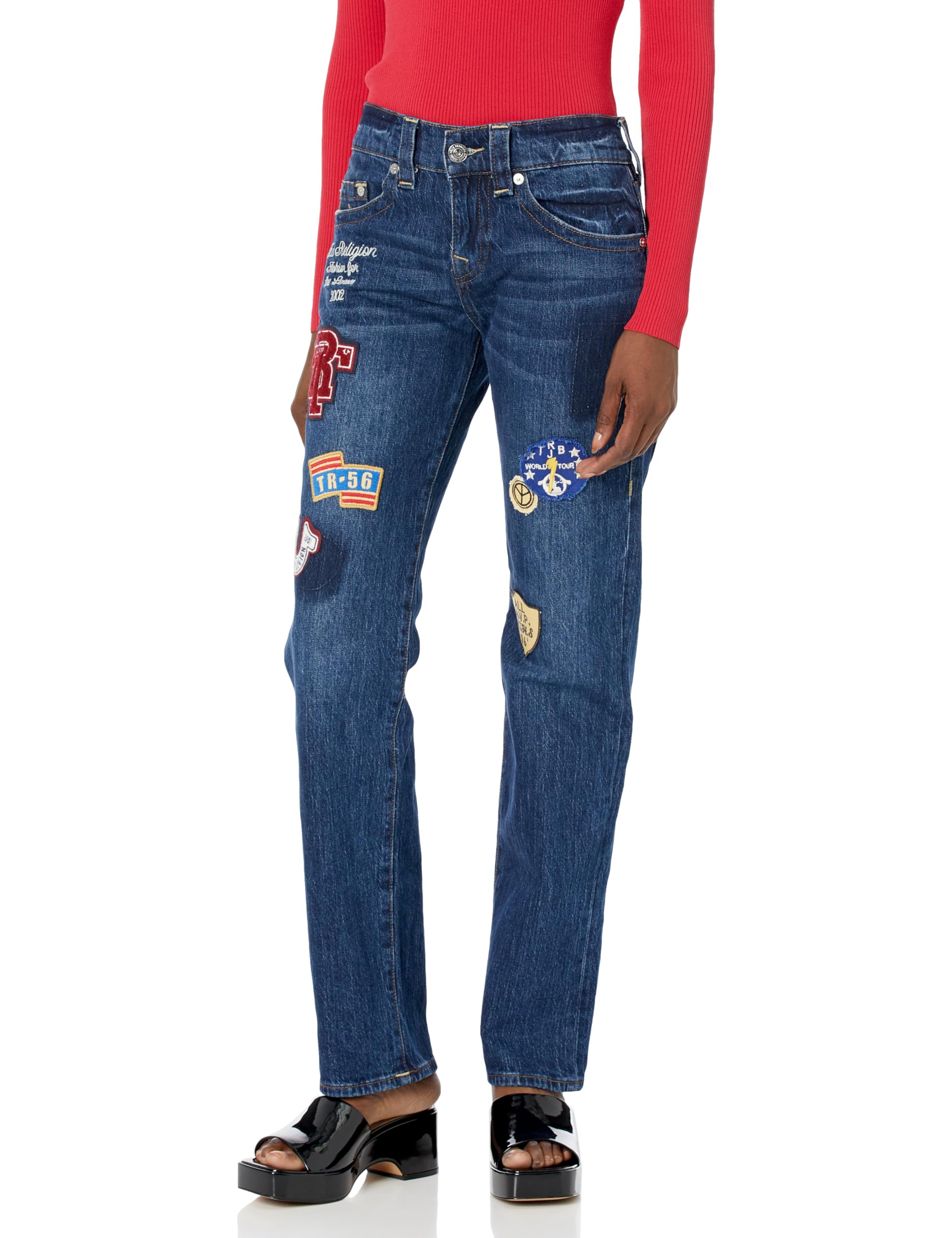 True Religion Women's Ricki Relaxed Straight Jeans with Patches - Stylish Denim Pants for Casual Wear, Work & Everyday Outfits