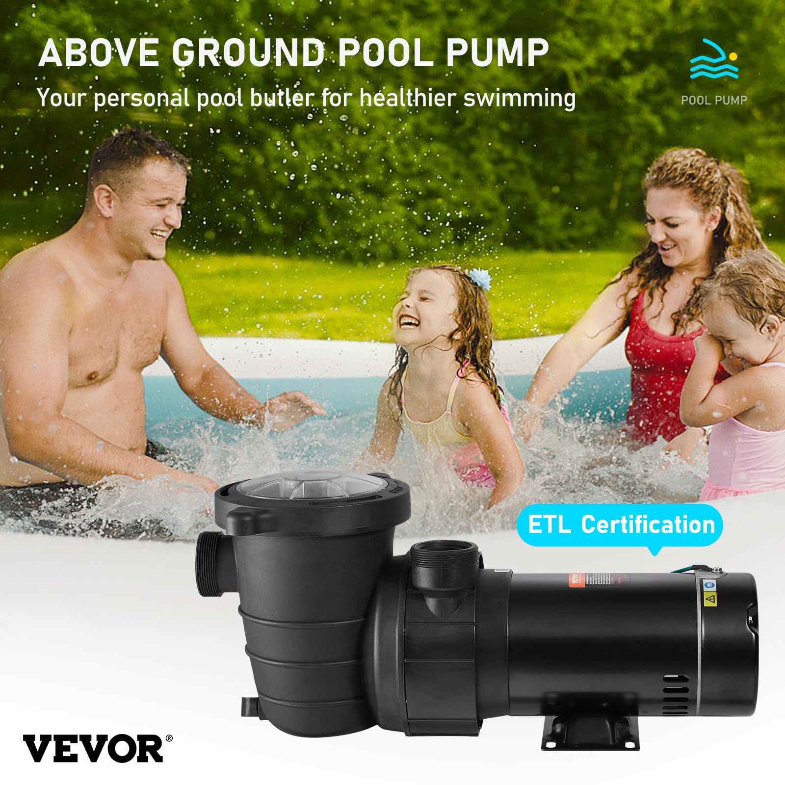 VEVOR 2.0HP 115V Swimming Pool Pump - 1500W Single Speed Above Ground Pool Pump with Strainer Basket, 5400 GPH Max Flow, ETL Certified | Perfect for Inground & Above Ground Pools, Backyard Water Features, and Pool Maintenance