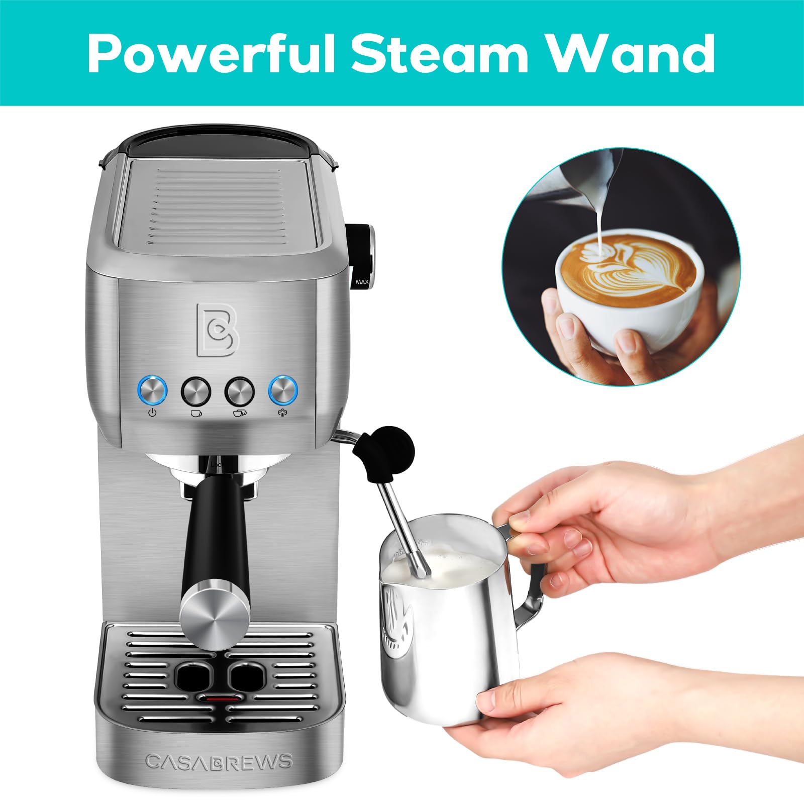 CASABREWS 20 Bar Espresso Machine with Milk Frother - Stainless Steel Coffee Maker for Cappuccino & Latte - 49oz Large Water Tank - Perfect for Home, Office & Coffee Shops