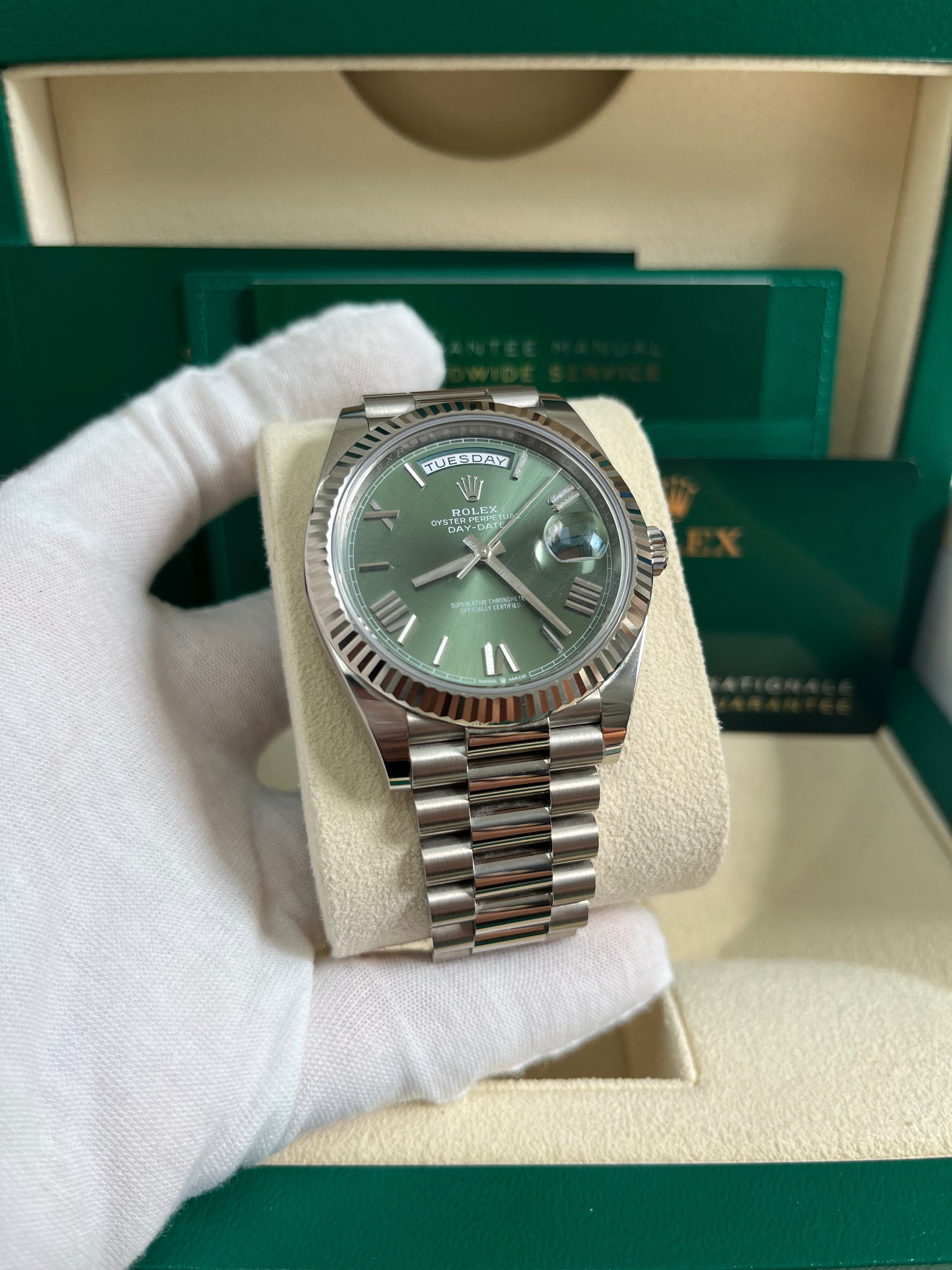 Rolex Day Date 40 White Gold Watch with Fluted Bezel & Olive Green Roman Dial - President Bracelet (Ref# 228239) | Luxury Dress Watch for Business & Formal Occasions