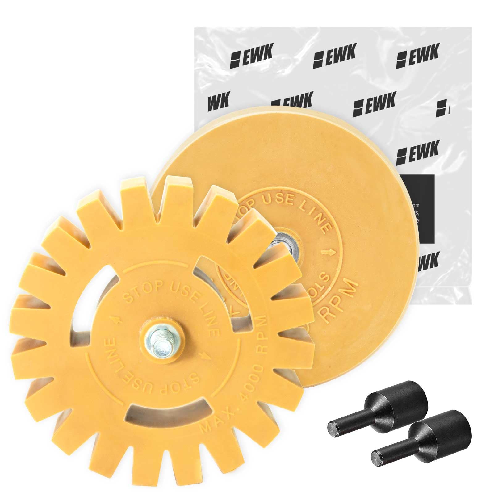 EWK 2-Piece Serrated & Rounded Rubber Eraser Wheel Decal Remover Kit - Safe for Cars, RVs, Trucks, Boats, Windows, Metal & Glass Surfaces - Perfect for Removing Stickers, Vinyl Decals & Adhesive Residue