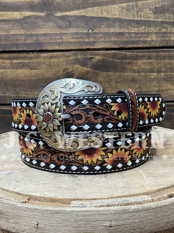 Nocona Women's Sunflower Embossed Leather Belt - Brown Western Style Fashion Accessory for Casual Outfits and Country Events