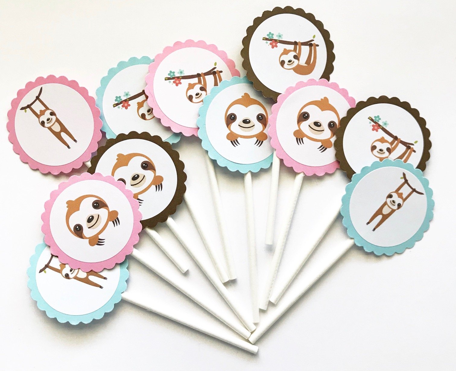 12PCS Cute Sloth Cupcake Toppers for Girls - Perfect for Birthday Parties, Baby Showers & DIY Dessert Decorations