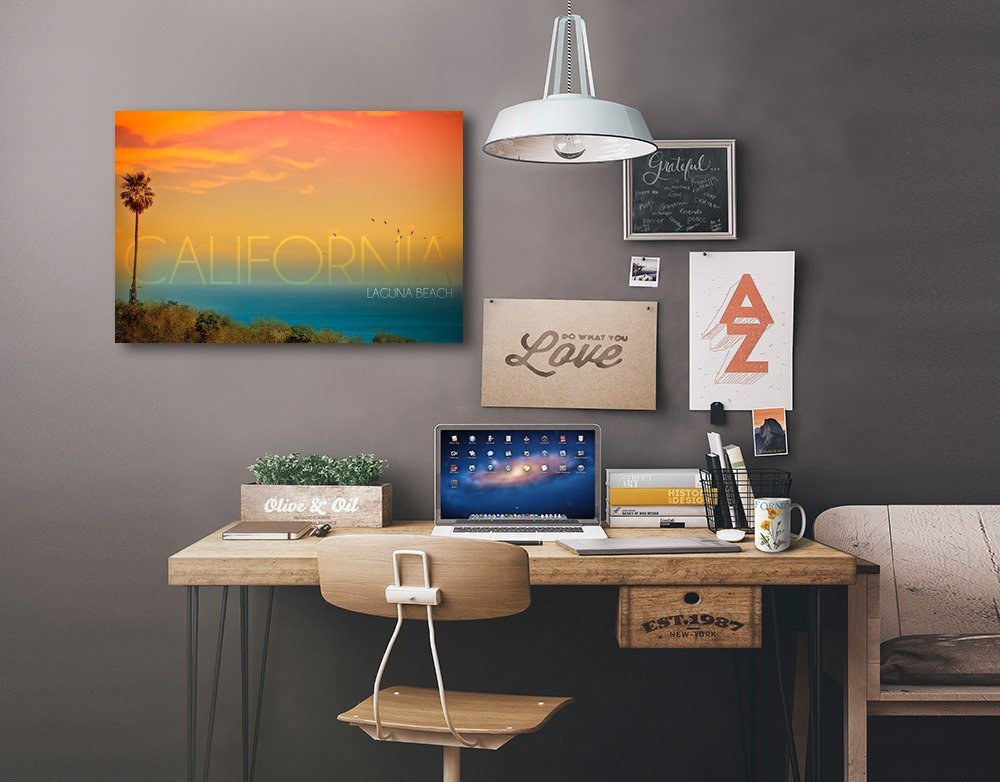 Laguna Beach California Sunset and Birds Wall Art - 16x24 Wrapped Canvas Print - Coastal Home Decor for Living Room, Bedroom & Office