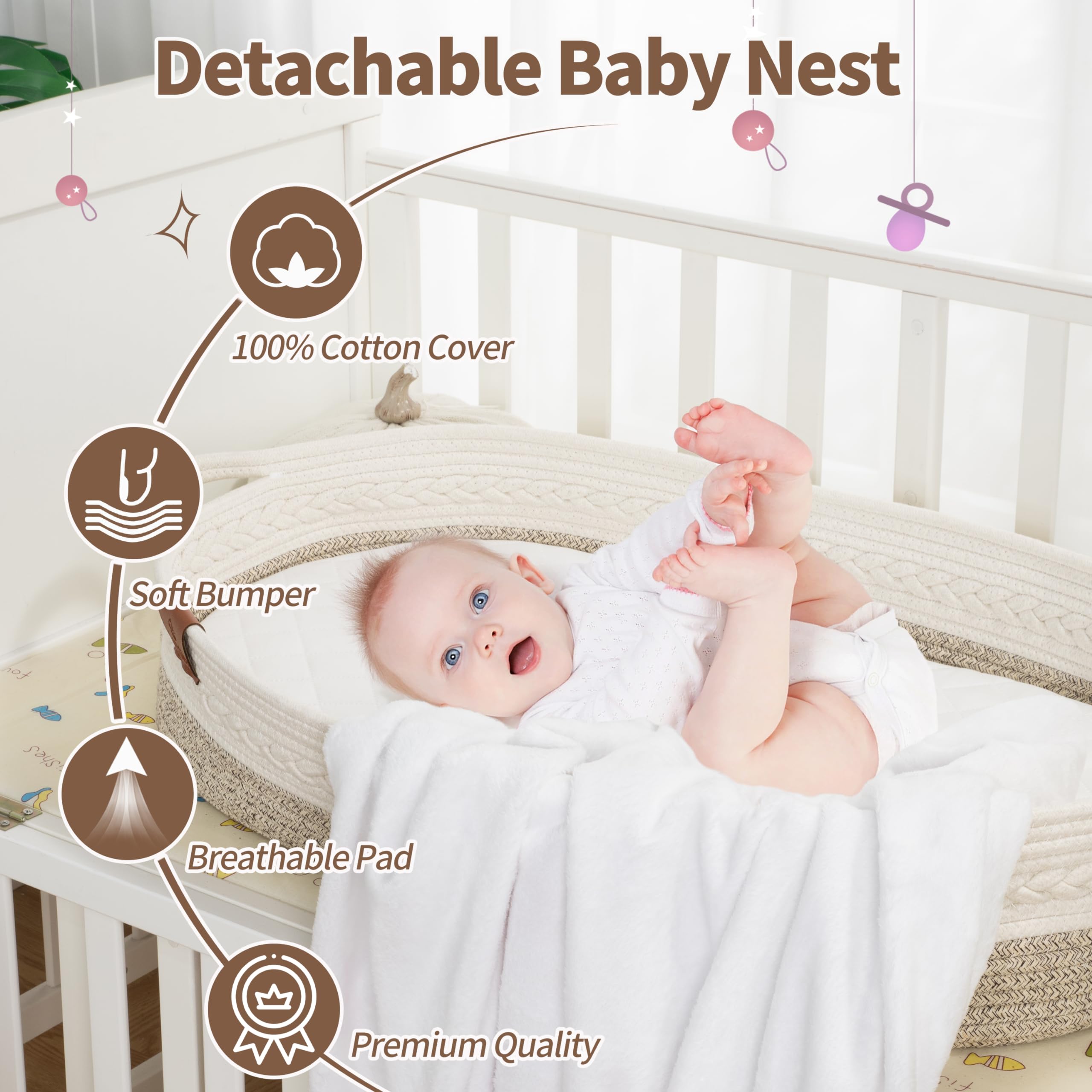 Organic Cotton Baby Changing Basket with Changing Pad – Portable Diaper Caddy for Nursery Dresser | Grey Moses Basket for Newborns | Perfect for Bedroom, Nursery & Travel Baby Care Essentials