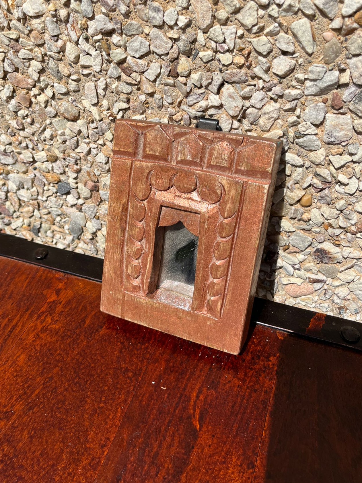 Hand Carved Indian Solid Wood Temple Mirror - Brown 114