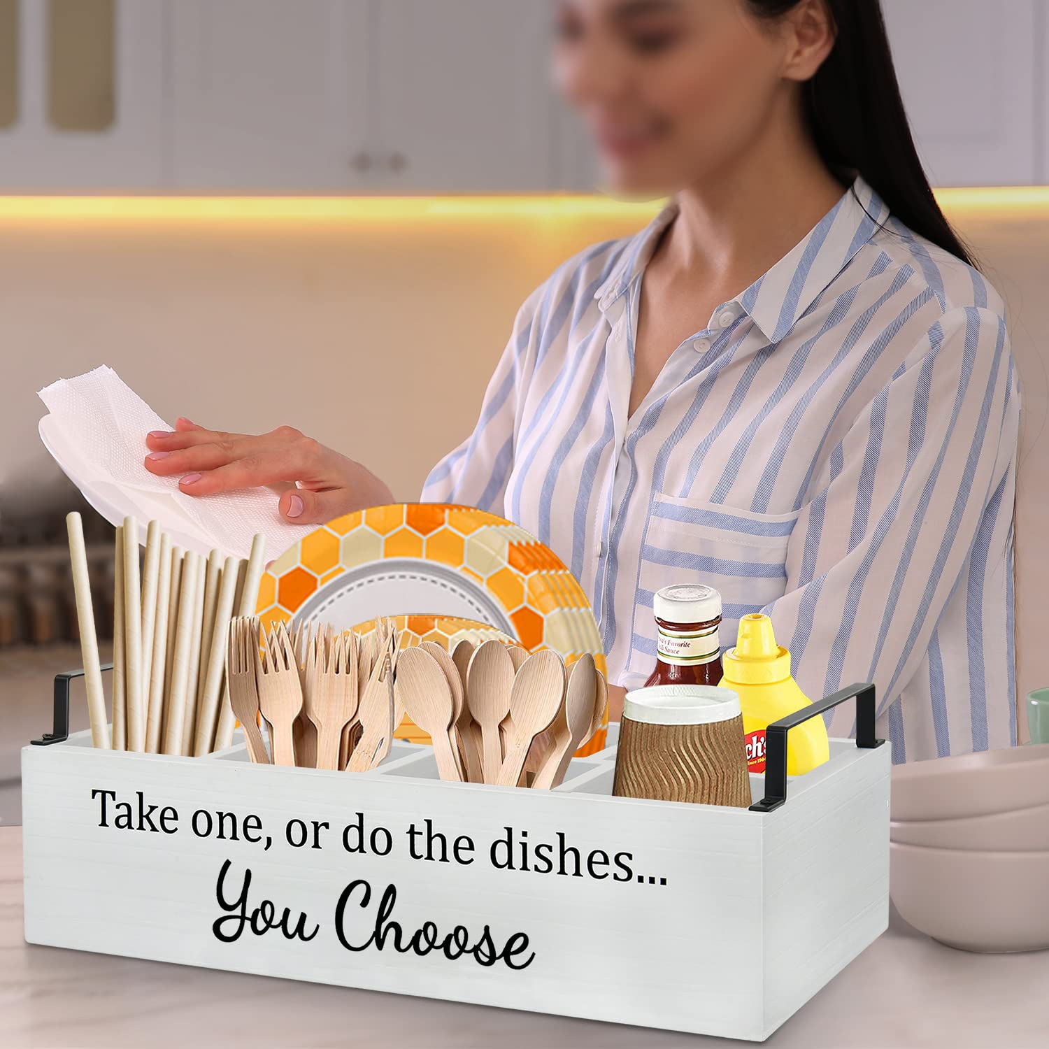 Wooden Paper Plate Holder for Kitchen Counter - Under Cabinet Organizer with Large Cup Holder - Perfect for Parties, Picnics & BBQs - Silverware & Utensil Caddy for Dining Room & Outdoor Events