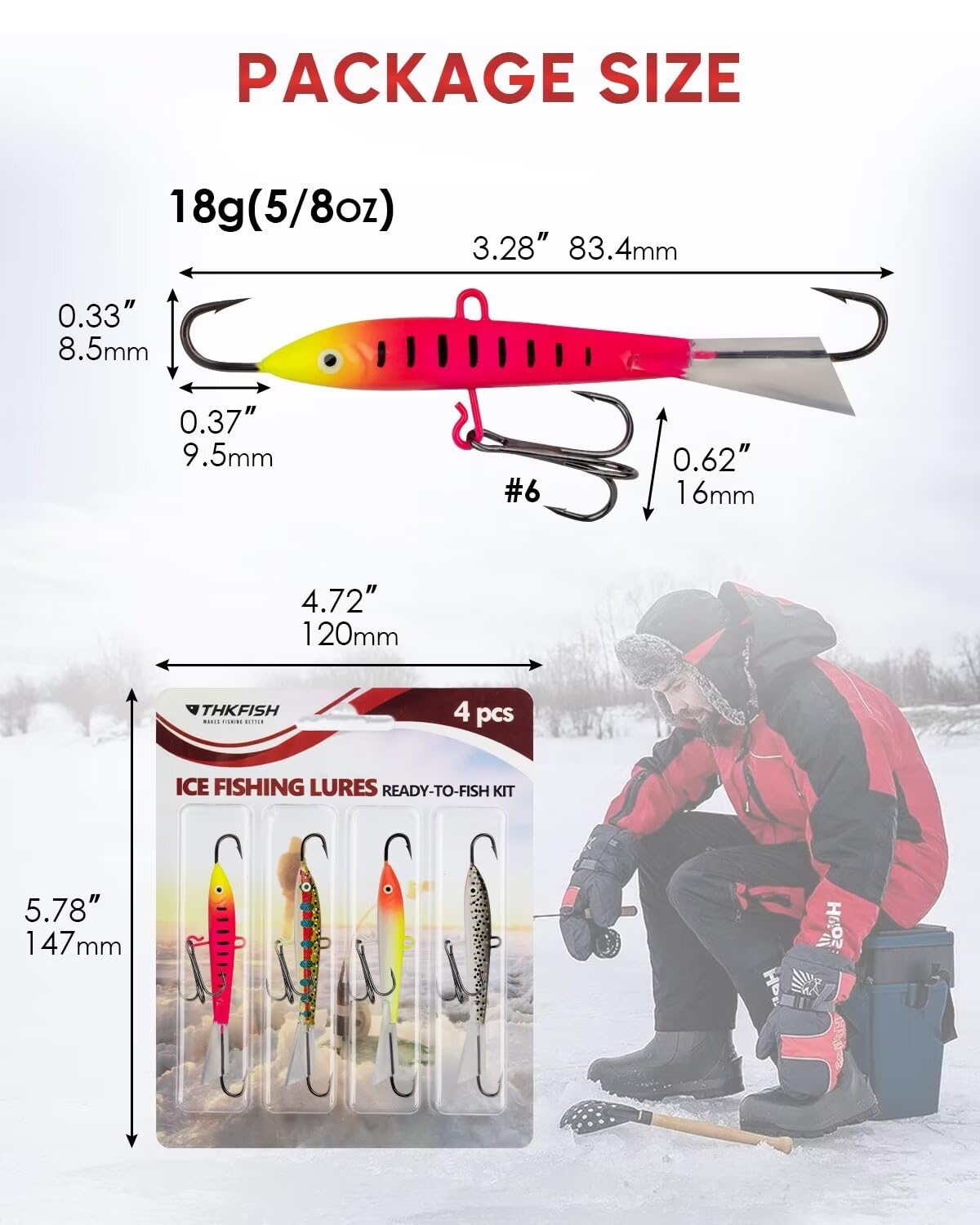 THKFISH Ice Fishing Jigs & Lures Kit - 4PCS/8PCS Vertical Jigs for Crappie, Panfish, Walleye, Bluegill - 10g(0.35oz) & 18g(0.63oz) Weights - Essential Ice Fishing Gear for Winter Fishing Adventures