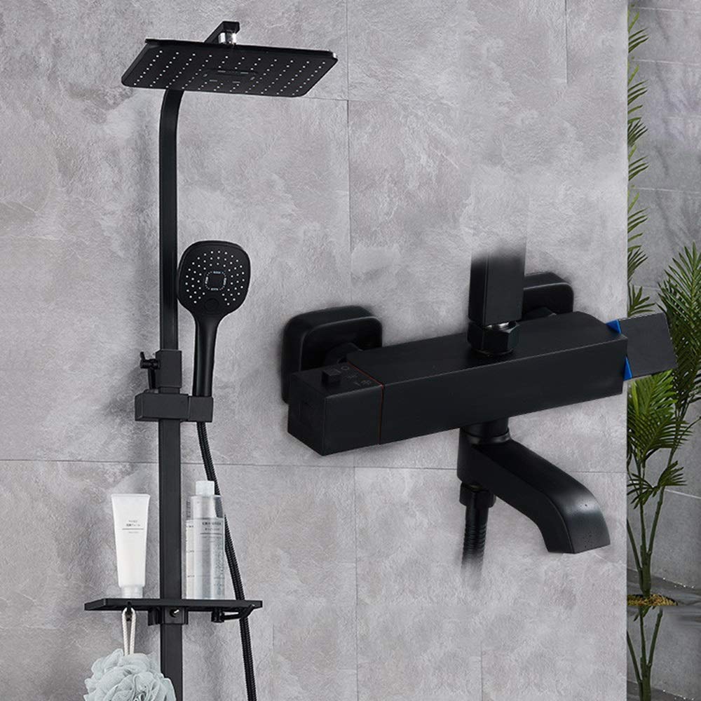 20cm Thermostatic Shower System with 5 Spray Modes - Black Brass Shower Faucet Set with Lift Rack - Rustproof Bathroom Fixture for Modern Home & Spa Experience