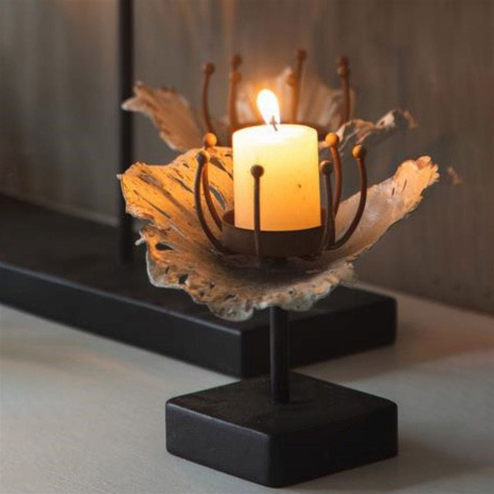 Urban Style Metal Flower in Bloom Candle Holder with Wooden Base - Elegant Home Decor for Living Room, Bedroom & Wedding Centerpieces