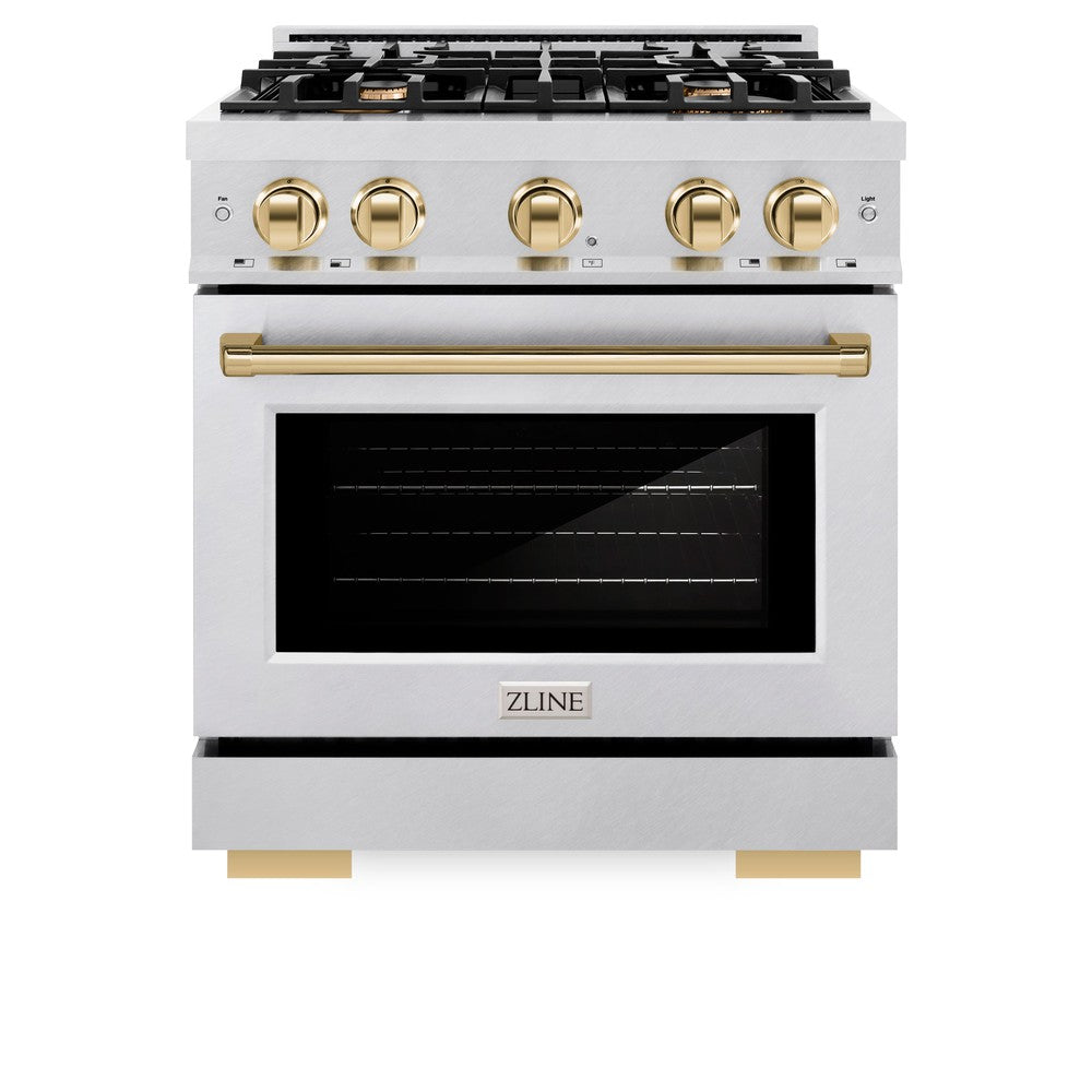 ZLINE Autograph Edition 30 Inch 4.2 cu ft Gas Range - 4 Burner Cooktop & Convection Oven in Satin Stainless Steel with Gold Accents (HGRSZ 30 G) - Perfect for Modern Kitchens & Professional Cooking