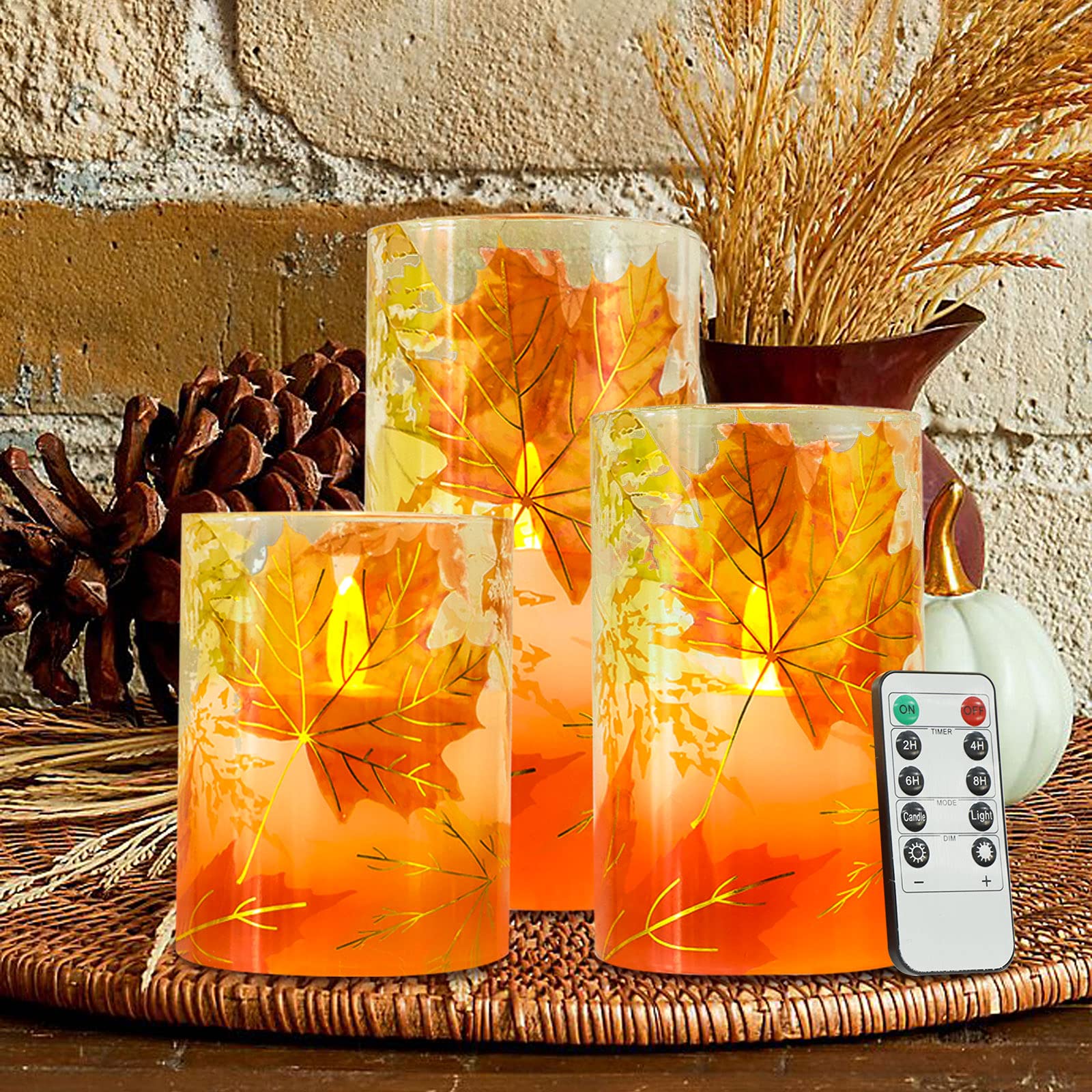 Realistic Flameless LED Candles with Remote & Timer - Autumn Maple Leaf Design, Battery Operated Fake Wax Candles for Harvest Festival, Thanksgiving, Halloween, Christmas Decor - Perfect for Home, Party, Wedding & Table Centerpiece