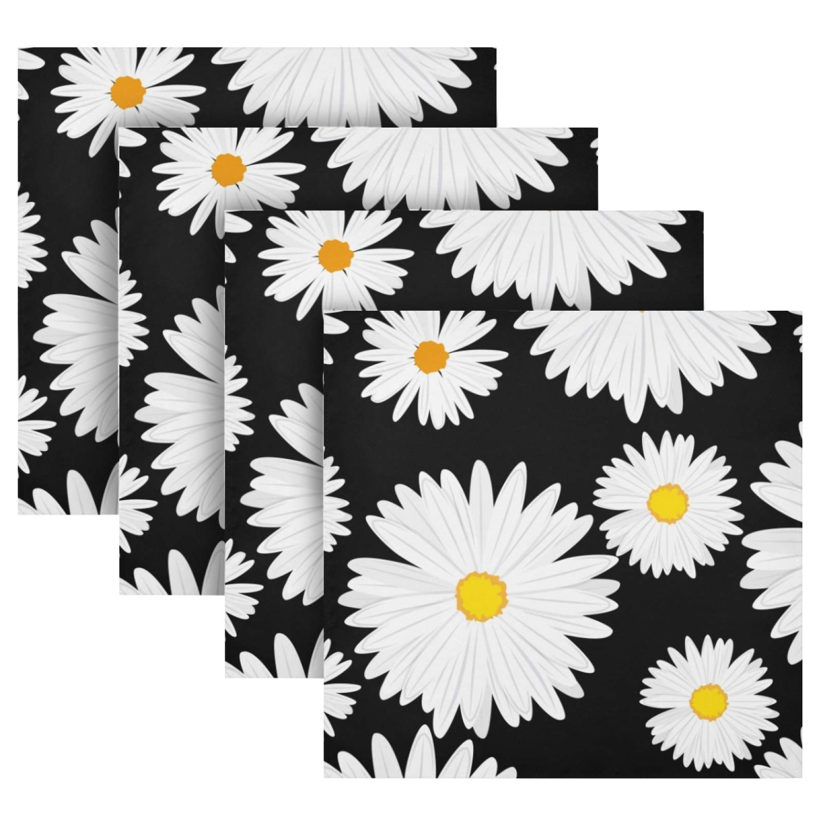 Premium Black Cloth Napkins Set of 6 - 20x20 Inch Oversized White Daisy Floral Polyester Dinner Napkins, Washable & Reusable for Wedding, Party, Festival Decorations - Elegant Table Setting for Holidays & Special Occasions