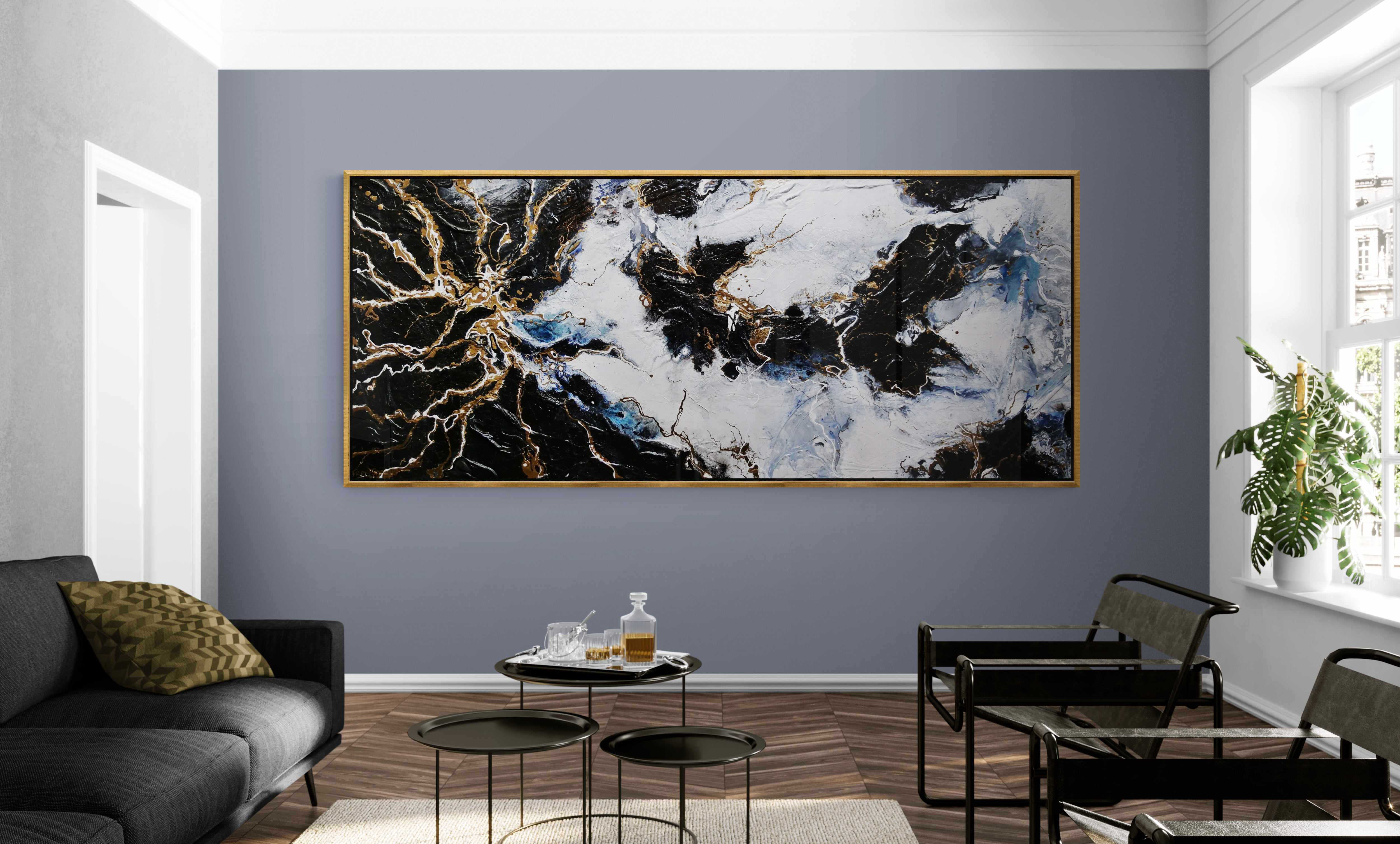 Golden Rapture 240x100cm Black White Gold Textured Abstract Canvas Art - Modern Wall Decor for Living Room, Bedroom & Office