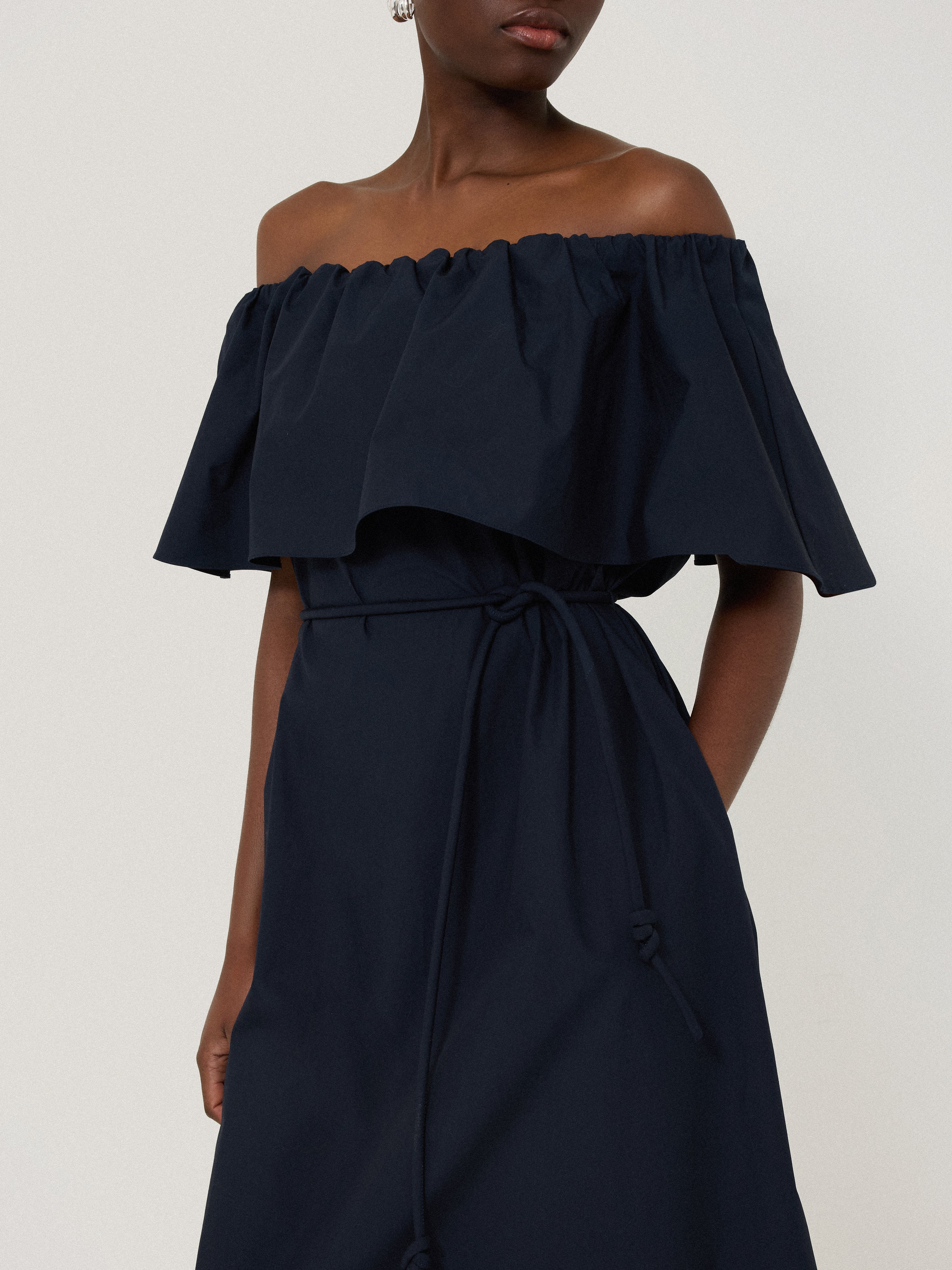 Off The Shoulder Navy Blue Poplin Dress for Women - Summer Beach Wedding Party Outfit